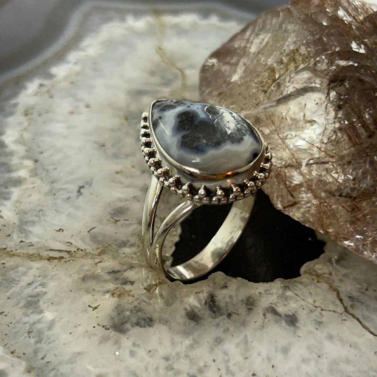 Sterling Silver Southwestern Style Teardrop Parral Dendritic Agate Ring Size 8 For Women