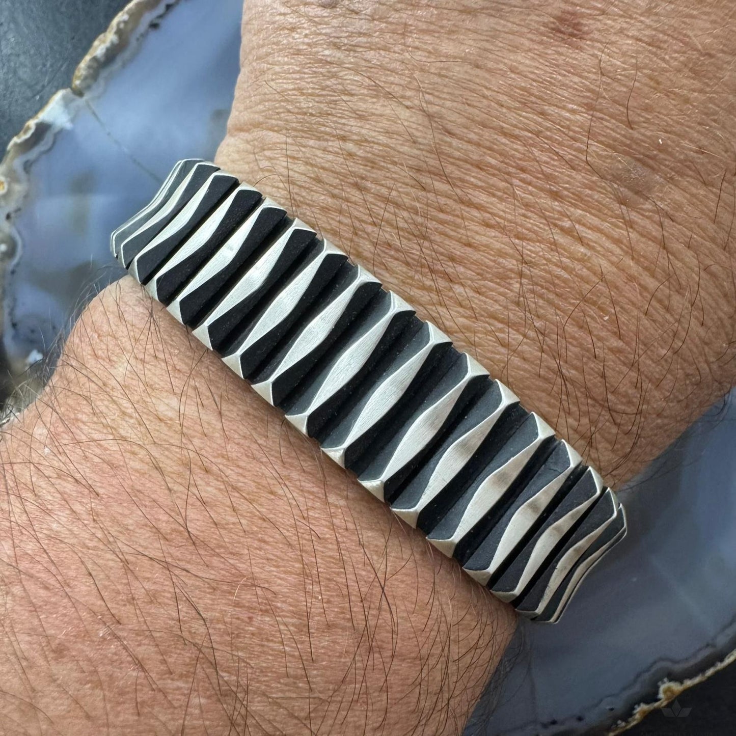 Leander Tahe Native American Sterling Silver Heavy 3D Geometric Bracelet For Men