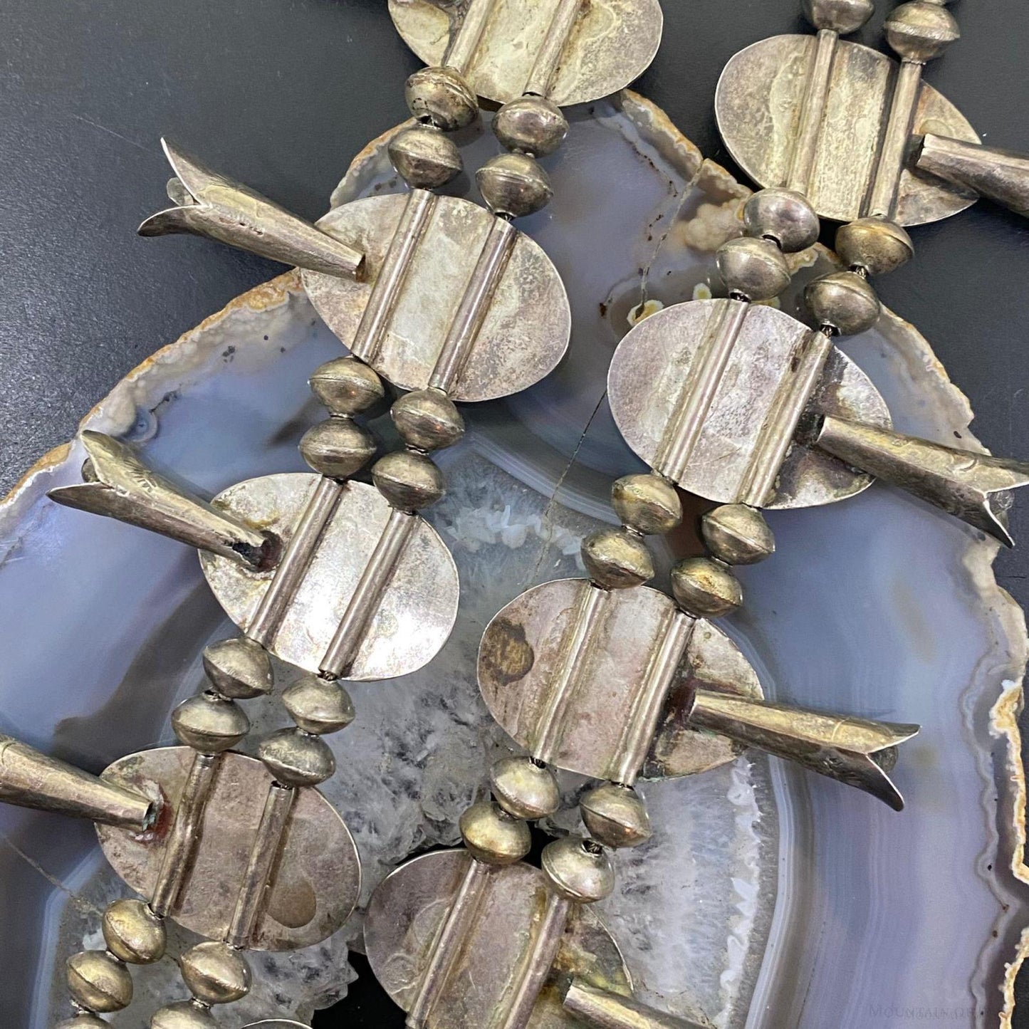 Antique Native American Silver Turquoise Shadow Box Squash Blossom Necklace 28"