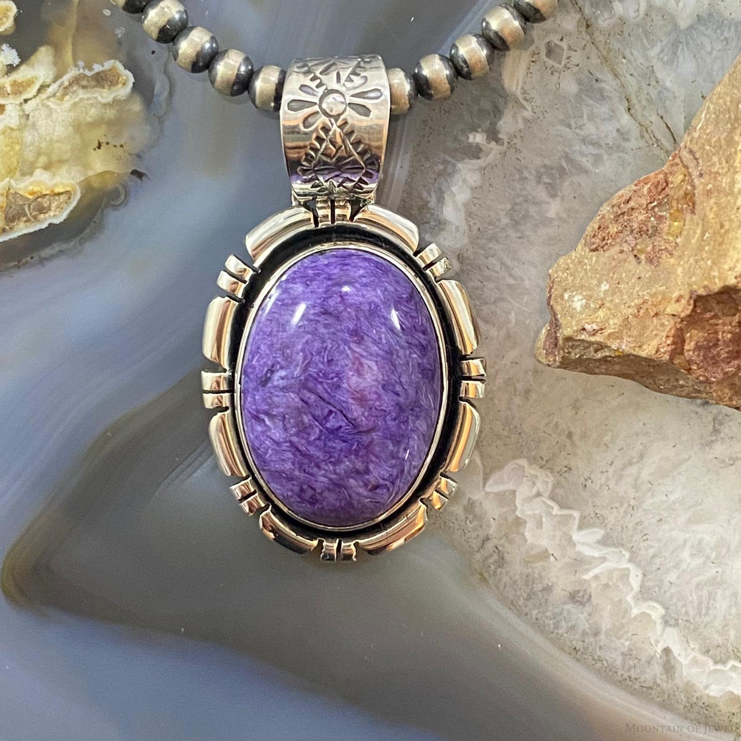 Native American Sterling Silver Oval Charoite Decorated Pendant For Women