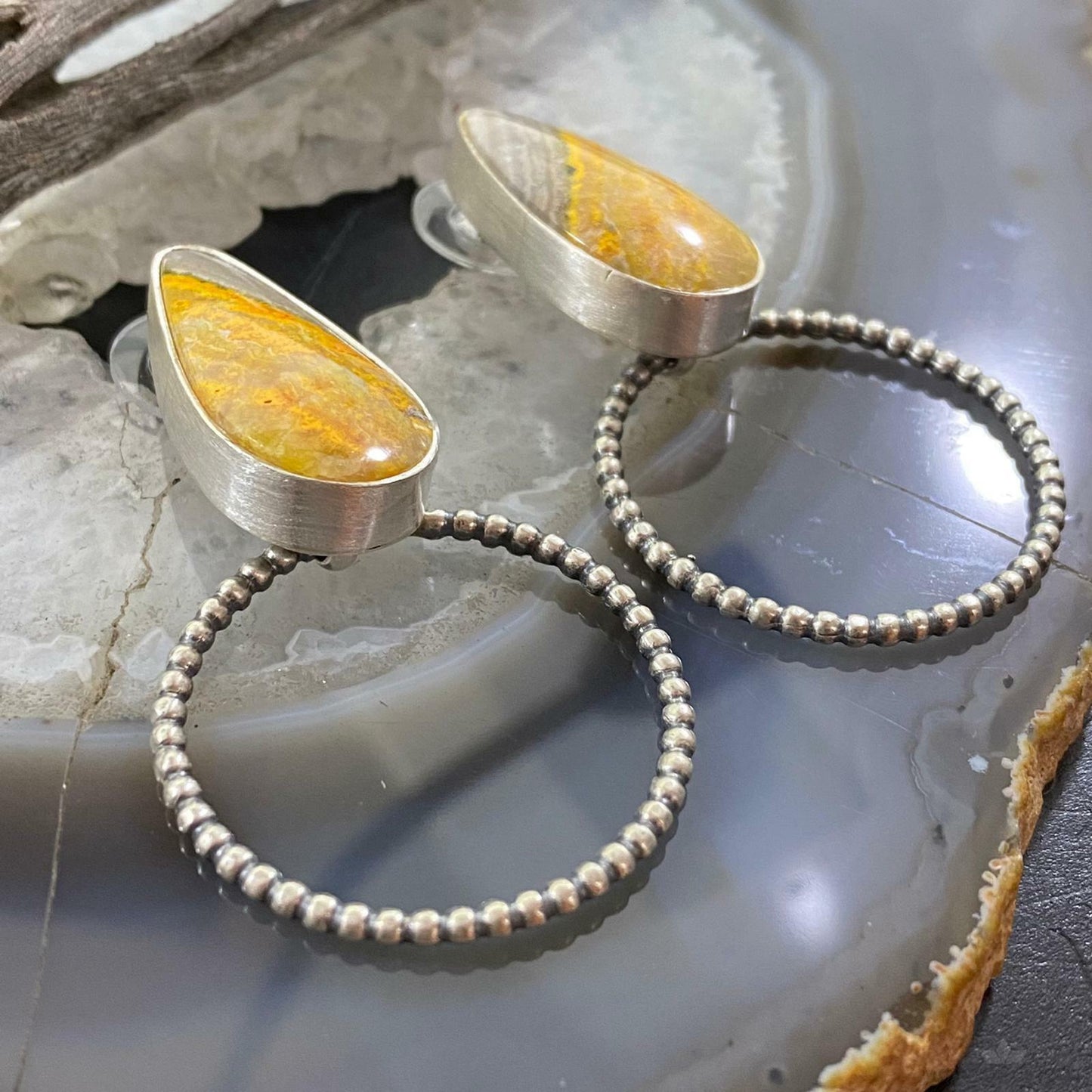 Sterling Silver Bumblebee Jasper w/ Hoop Post Earrings For Women