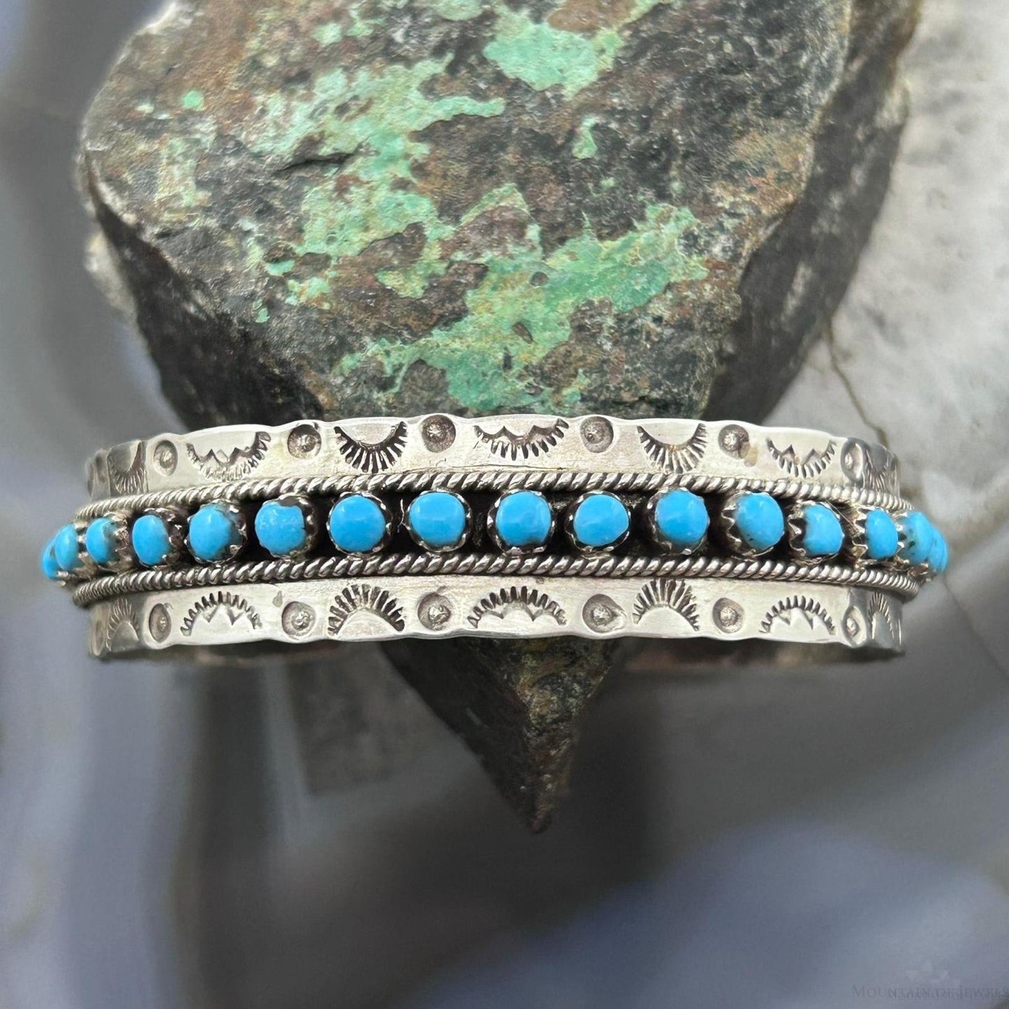 Jason & Pearl Ukestine Native American Sterling Silver Turquoise Single Row Bracelet For Women