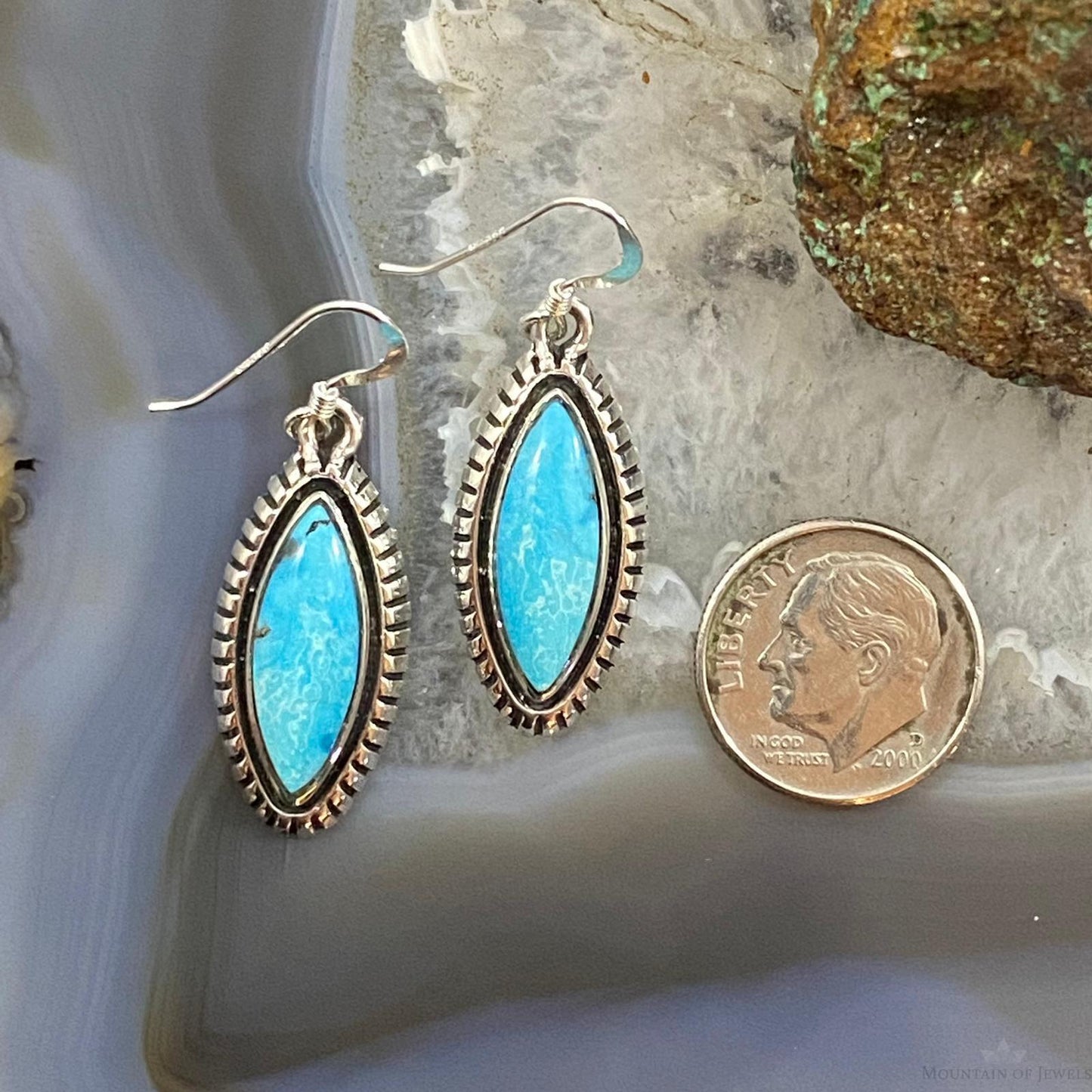 Native American Sterling Silver Marquise Blue Ridge Turquoise Dangle Earrings For Women #2