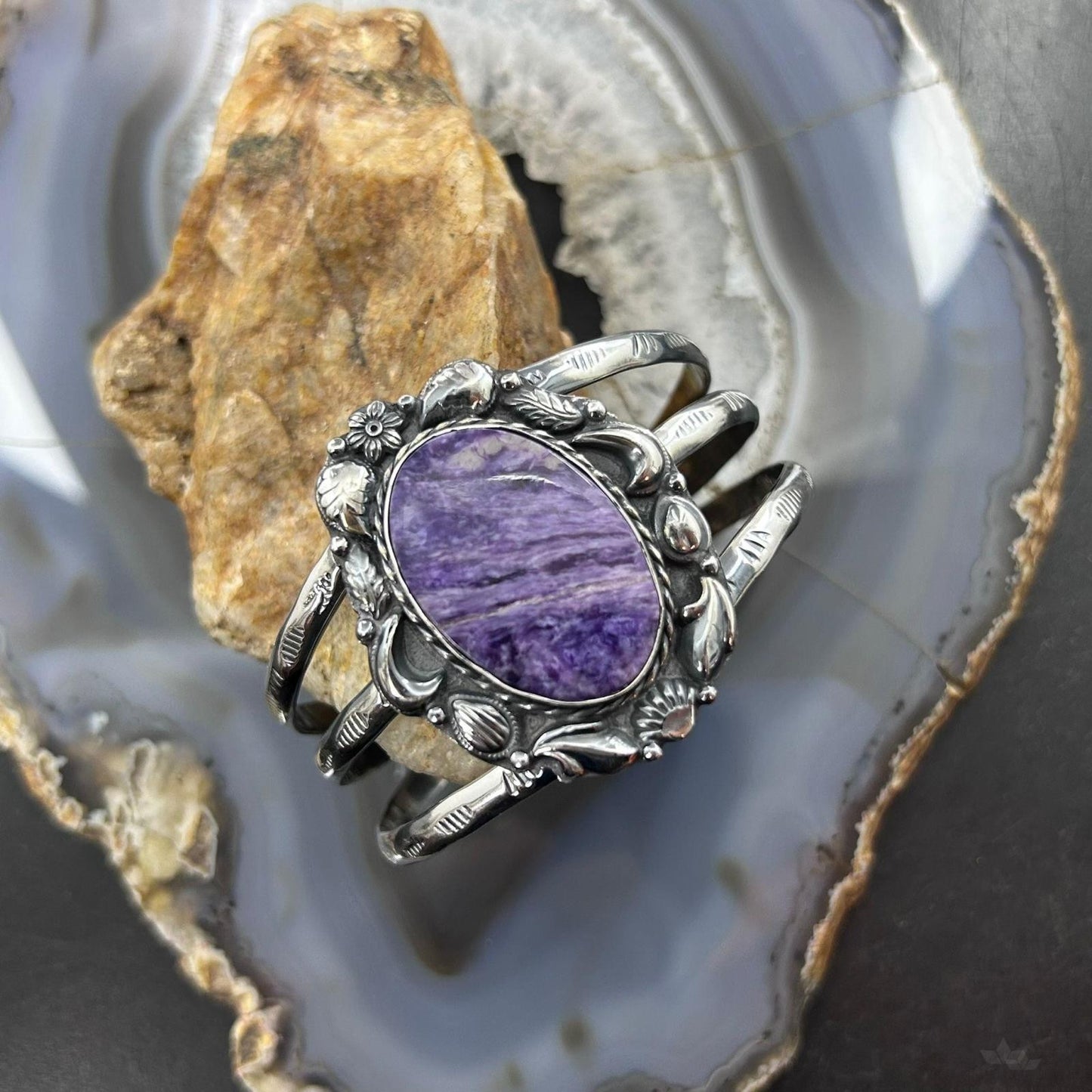 Sterling Silver Southwestern Style Large Oval Charoite Decorated Bracelet For Women