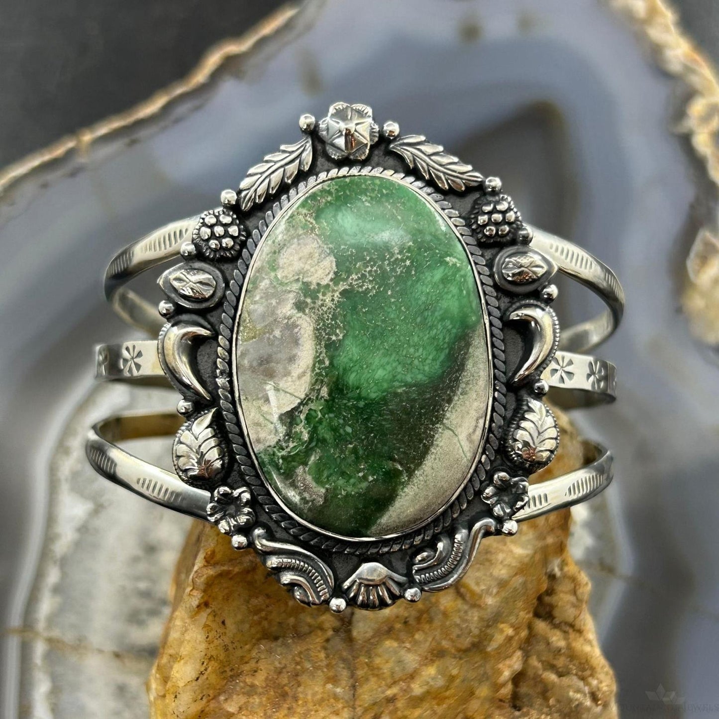 Sterling Silver Southwestern Style Large Oval Variscite Bracelet For Women