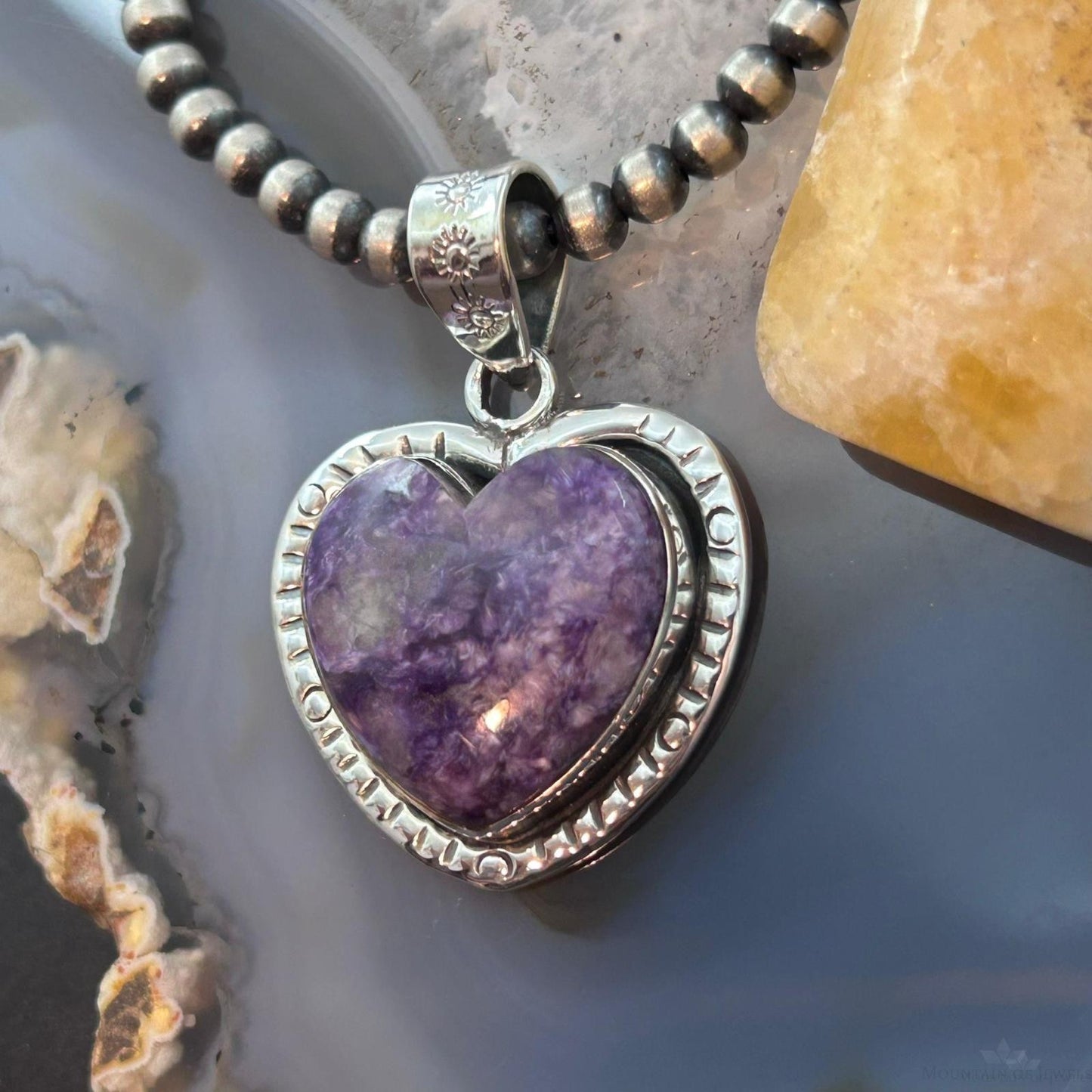 Sterling Silver Southwestern Style Charoite Decorated Heart Pendant For Women #1