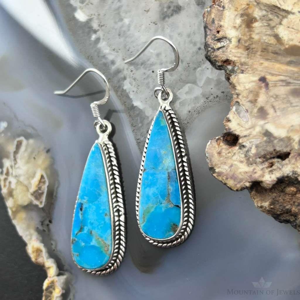 Sterling Silver Southwestern Style Teardrop Mojave Turquoise Dangle Earrings For Women
