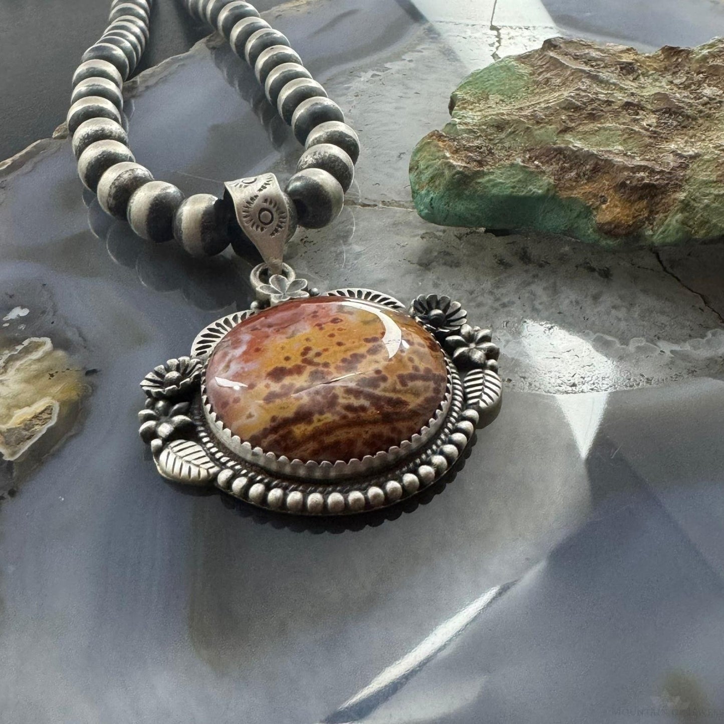 Sterling Silver Southwestern Style Round River Jasper Decorated Pendant For Women