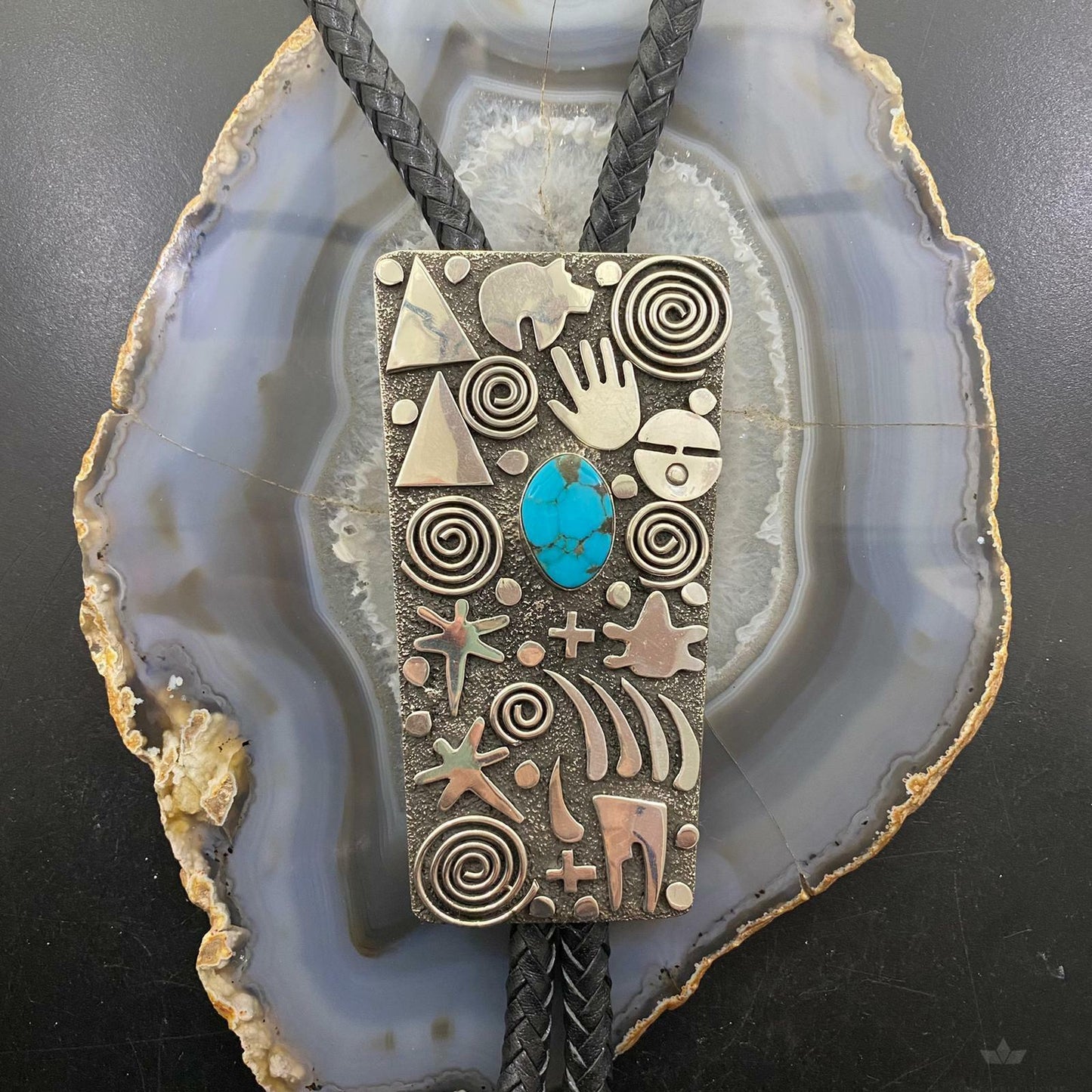 Alex Sanchez Sterling Silver Turquoise & Petroglyph Trapeze Bolo Tie For Men