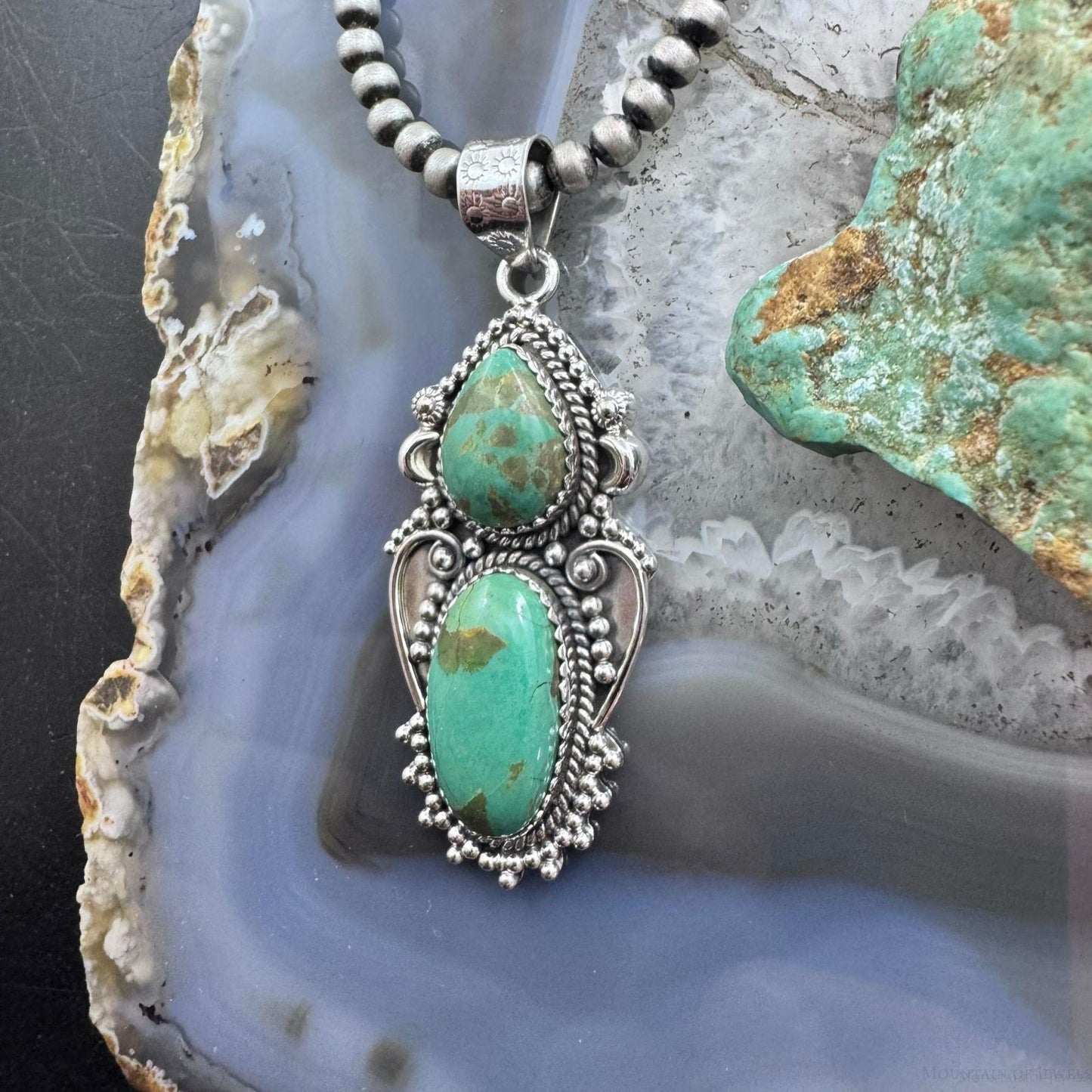 Sterling Silver Southwestern Style Long Turquoise Decorated Pendant For Women