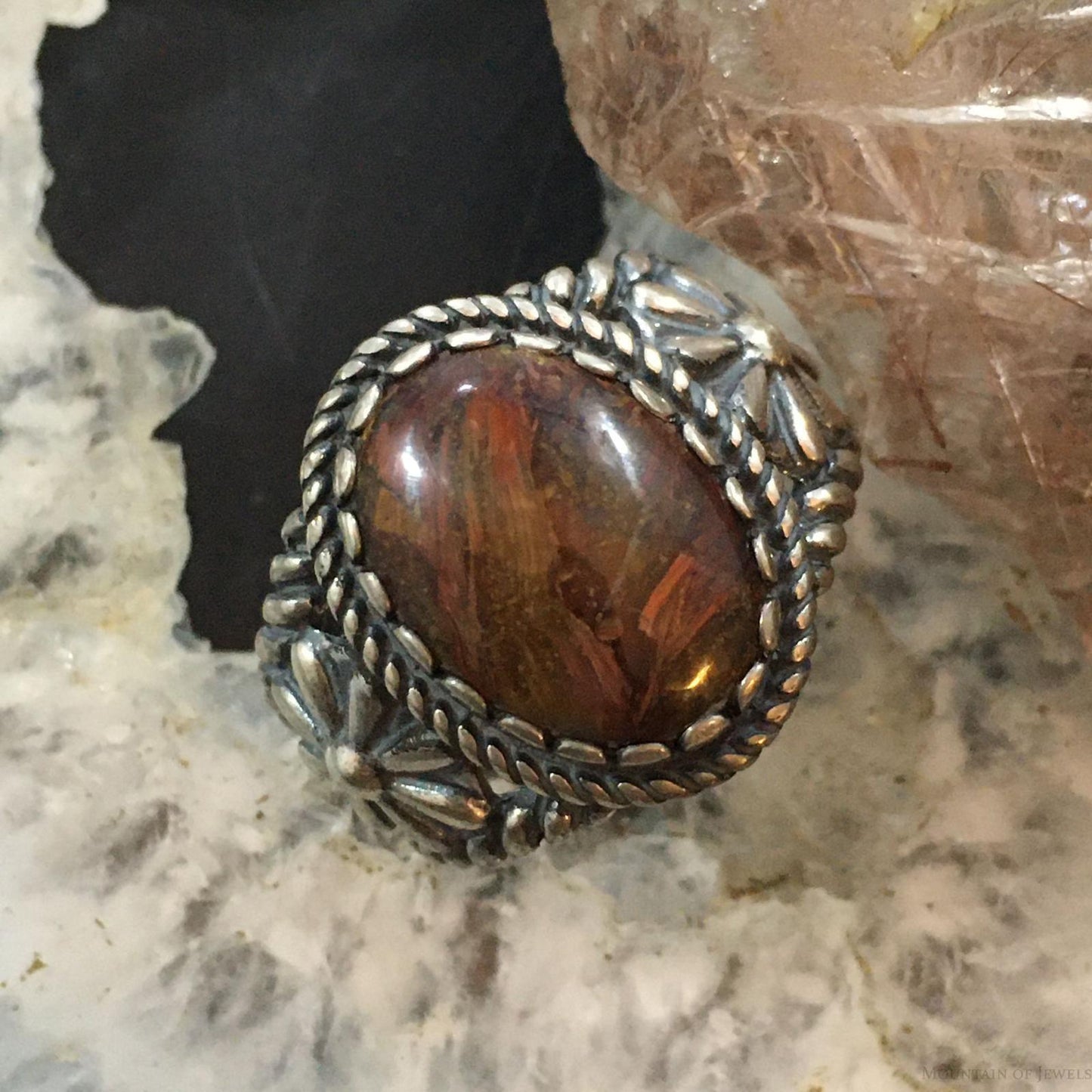 Carolyn Pollack Vintage Southwestern Style Sterling Oval Brown Agate Decorated Ring For Women