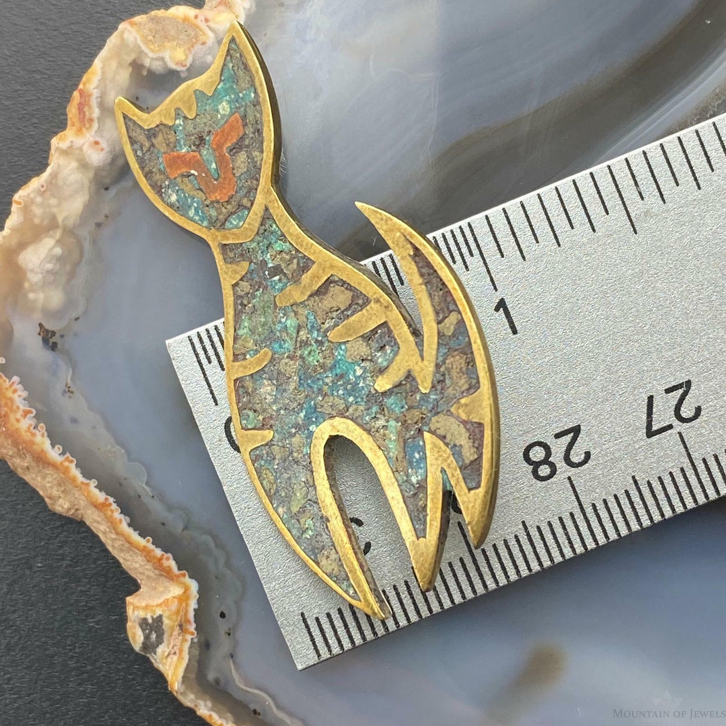 Sterling Silver Chip Inlay Cat Brooch, Made In Mexico