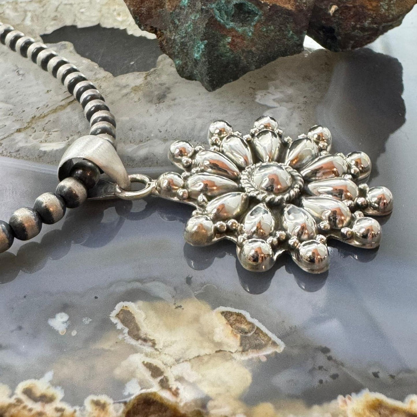 Southwestern Style Sterling Silver Decorated Cluster Floral Pendant For Women
