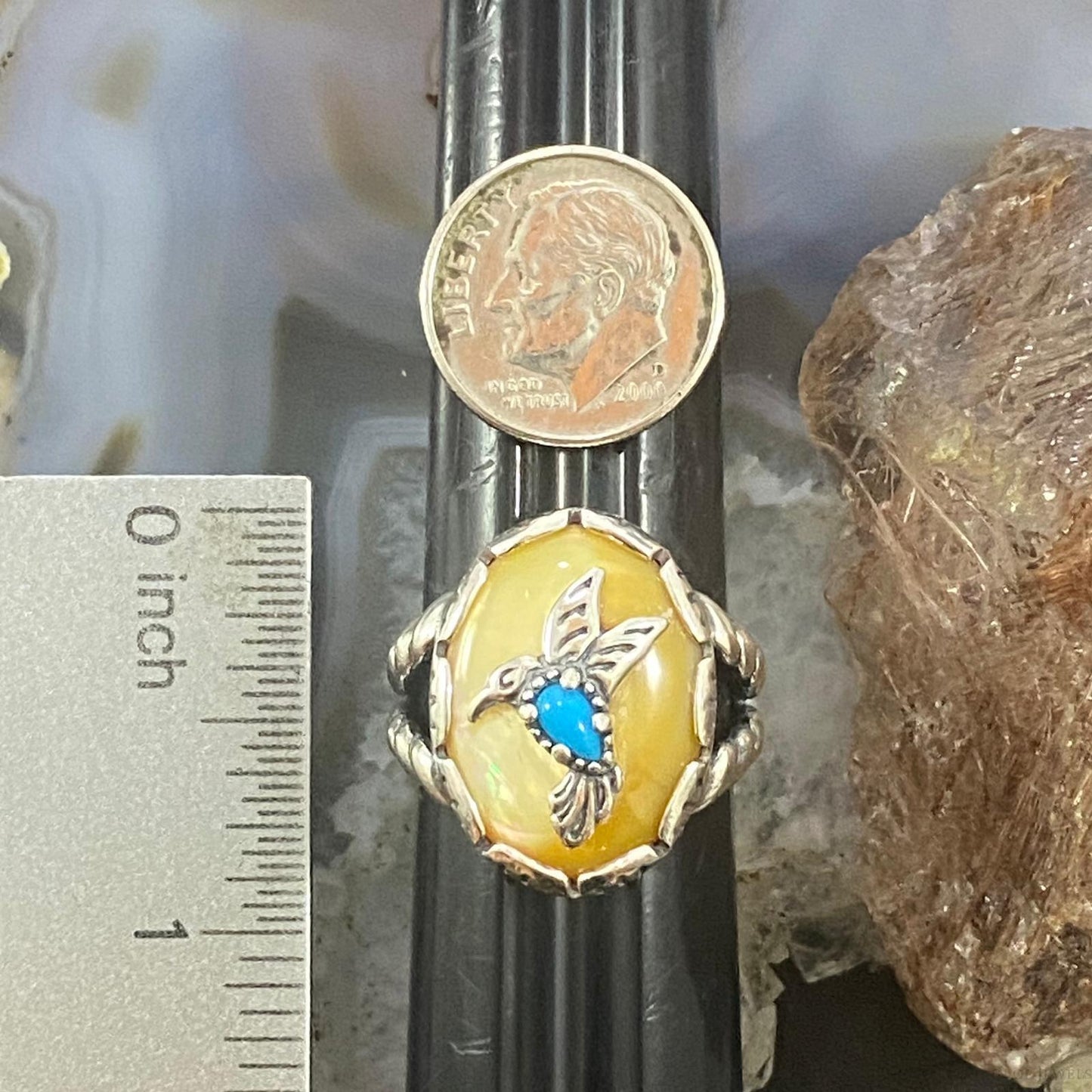 Carolyn Pollack Southwestern Style Sterling Silver Gold Mother of Pearl/Turquoise Hummingbird Ring For Women