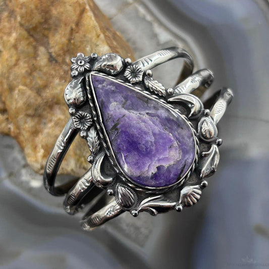 Sterling Silver Southwestern Style Large Teardrop Charoite Decorated Bracelet For Women