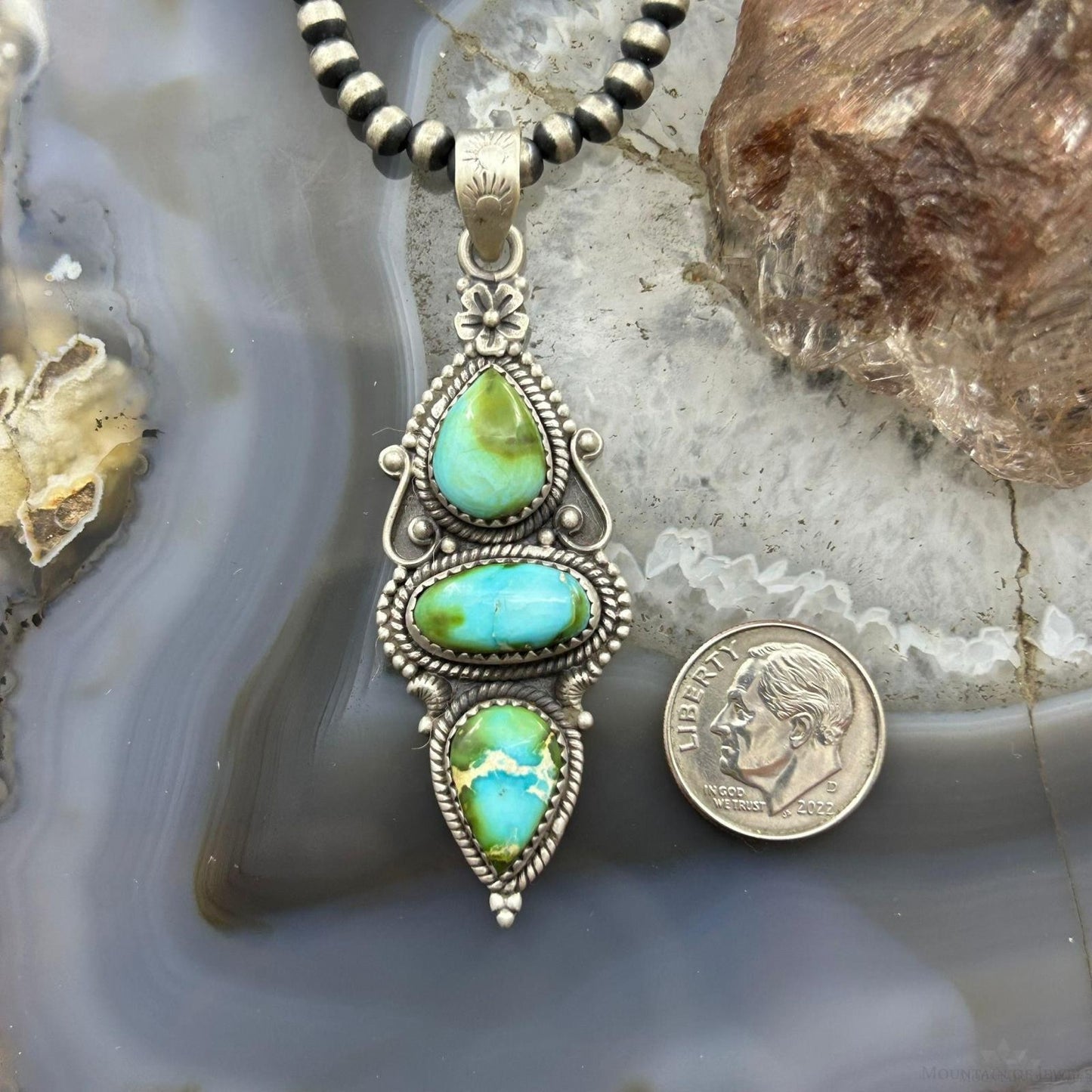 Sterling Silver Southwestern Style 3 Sonora Gold Turquoise Decorated Pendant For Women