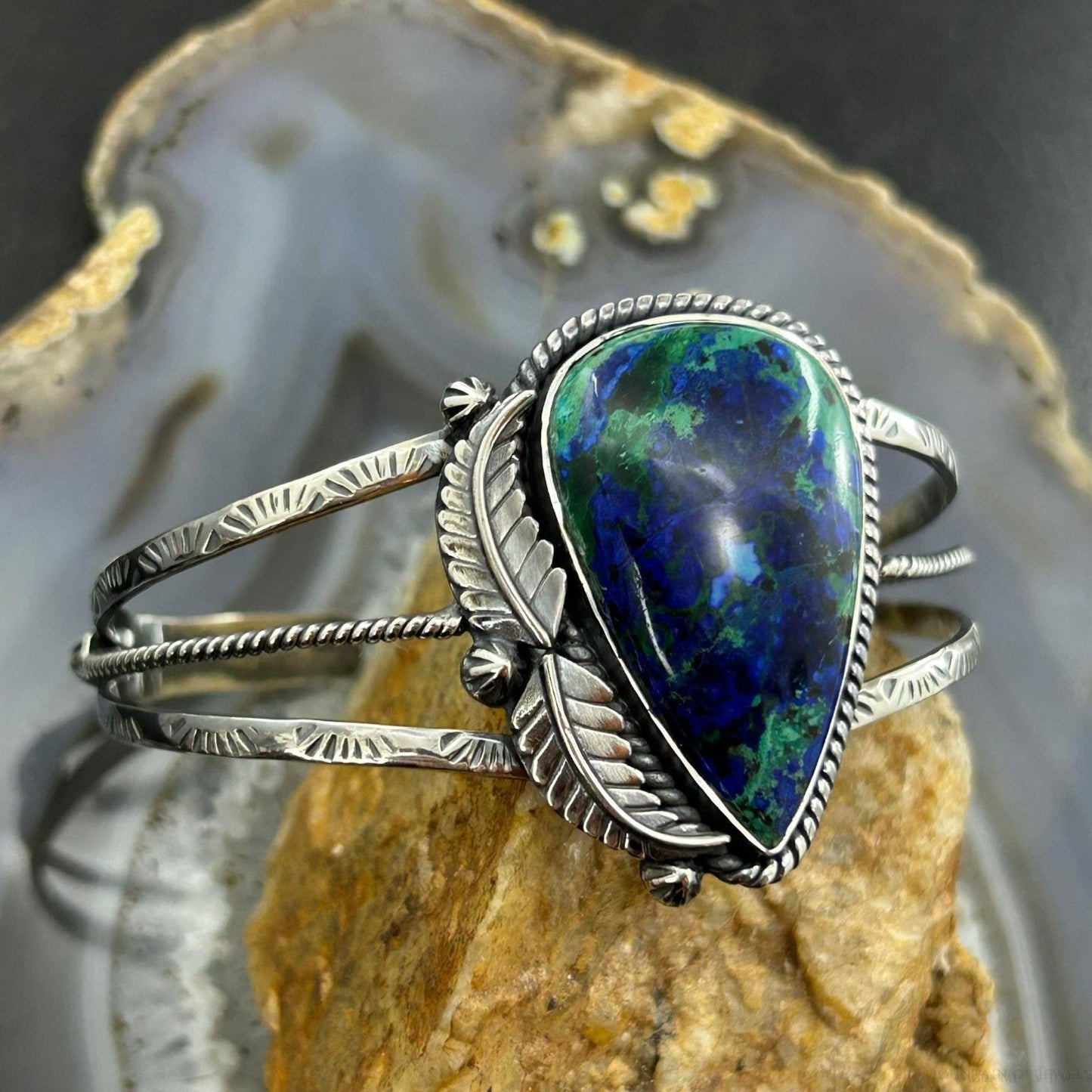 Sterling Silver Southwestern Style Teardrop Azurite Decorated Bracelet For Women