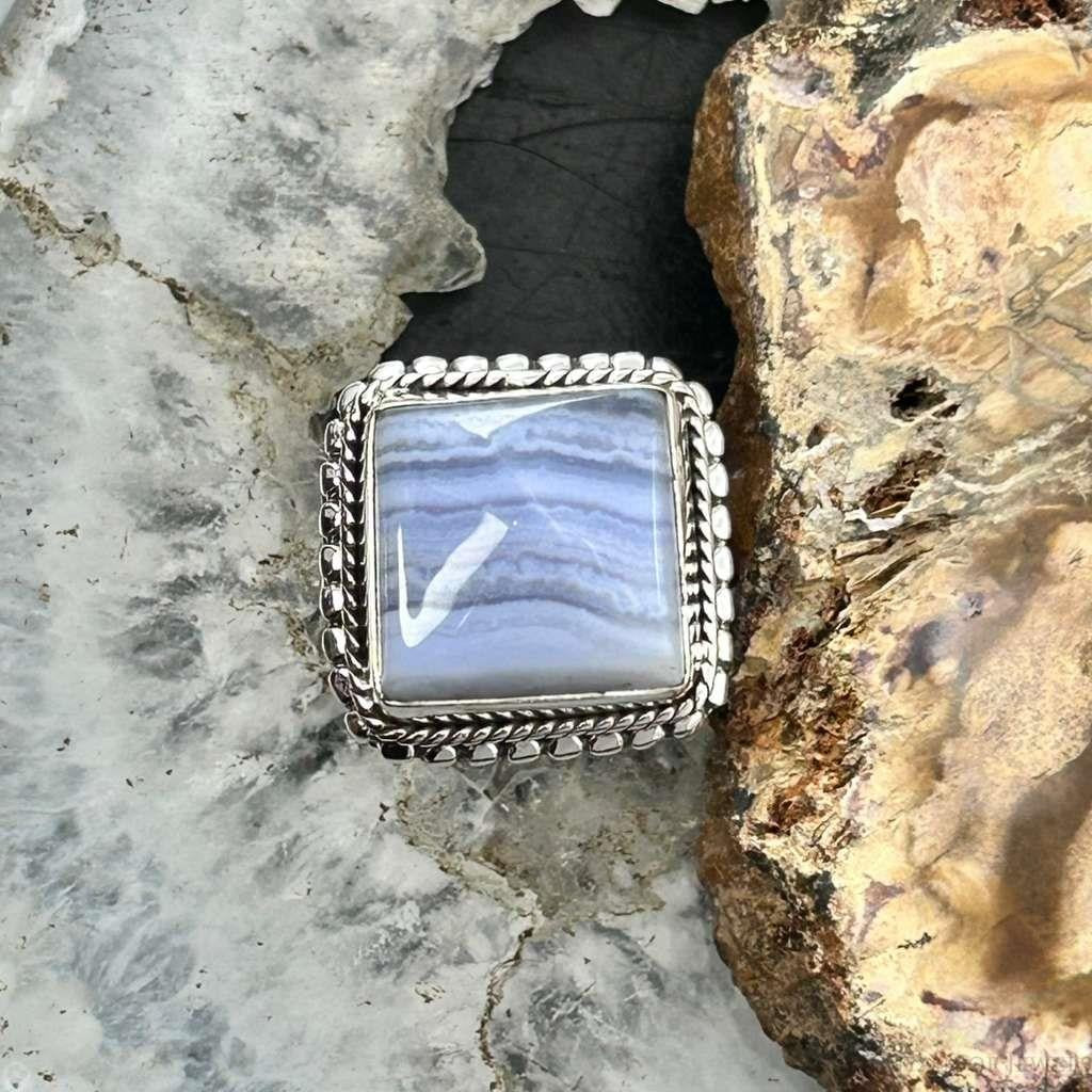 Sterling Silver Southwestern Style Square Blue Lace Agate Ring Size 7 For Women