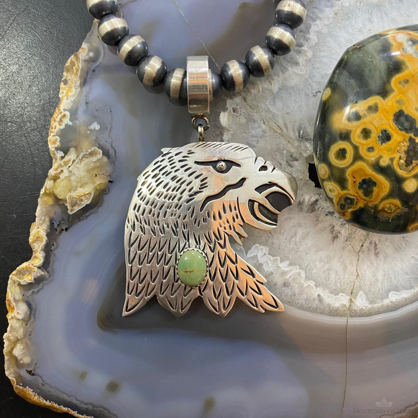 Tommy & Rosita Singer Sterling Silver Green Turquoise Overlay Eagle Pendant