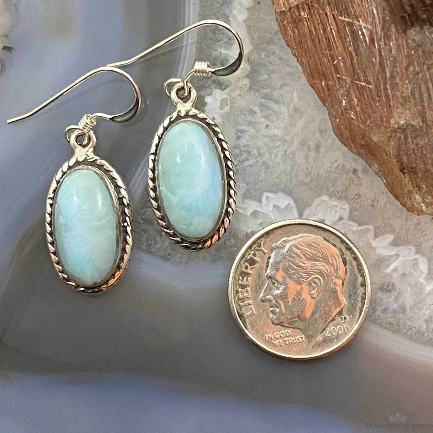 Native American Sterling Silver Oval Larimar Dangle Earrings For Women