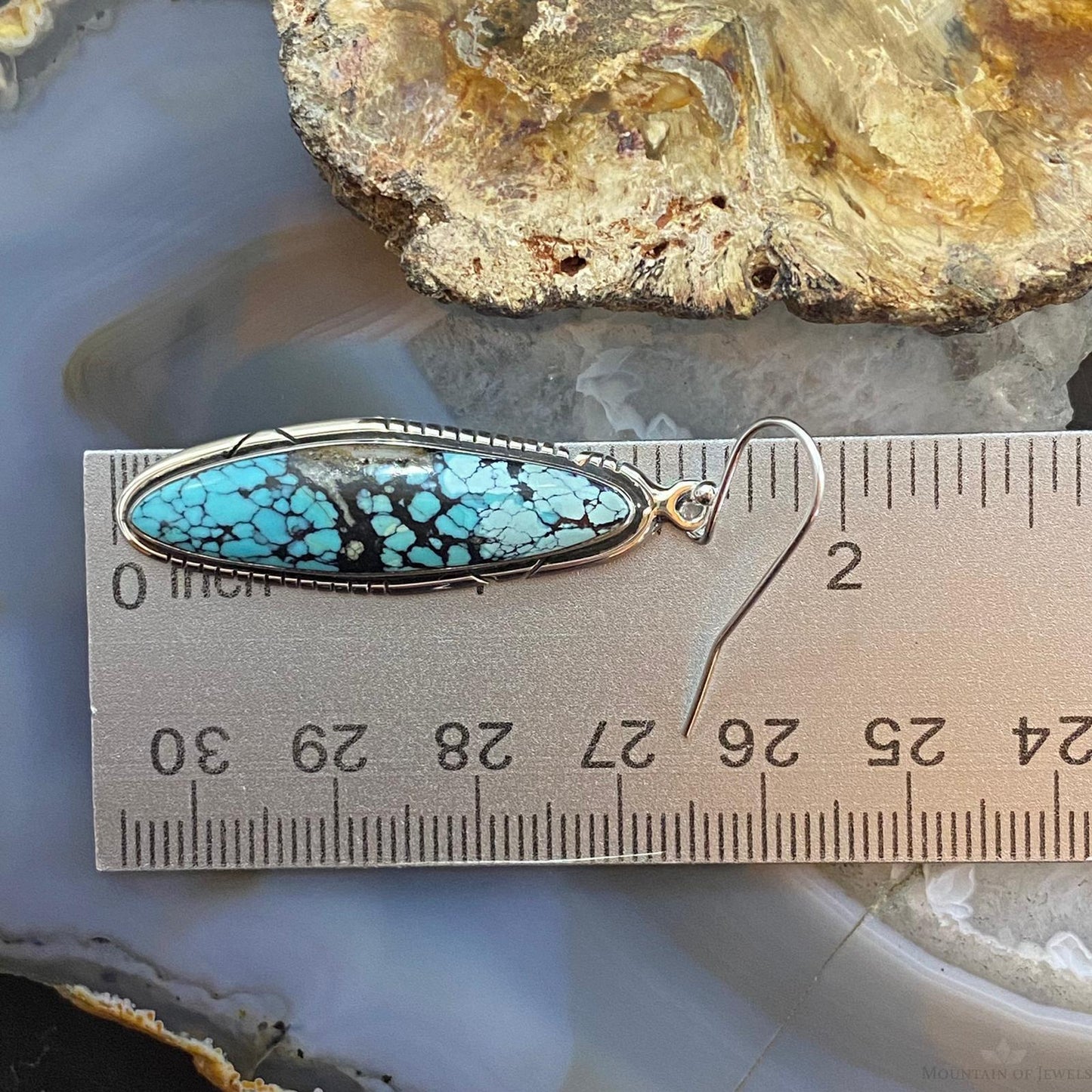 Native American Sterling Silver Marquise Chinese Turquoise Dangle Earrings