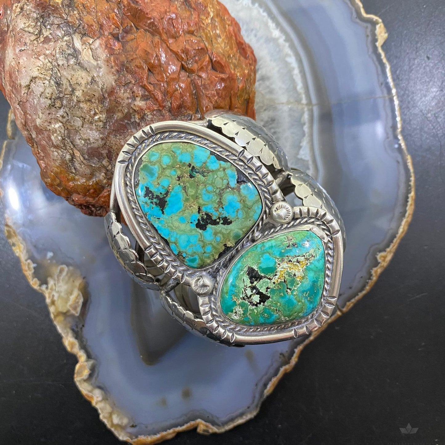 Vintage Native American Silver Cactus Leaves & Turquoise Bracelet For Women