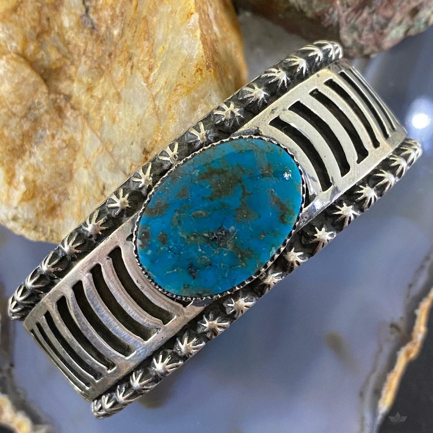 Lorenzo James Sterling Silver Overlay Stripes & Oval Turquoise Unisex Bracelet