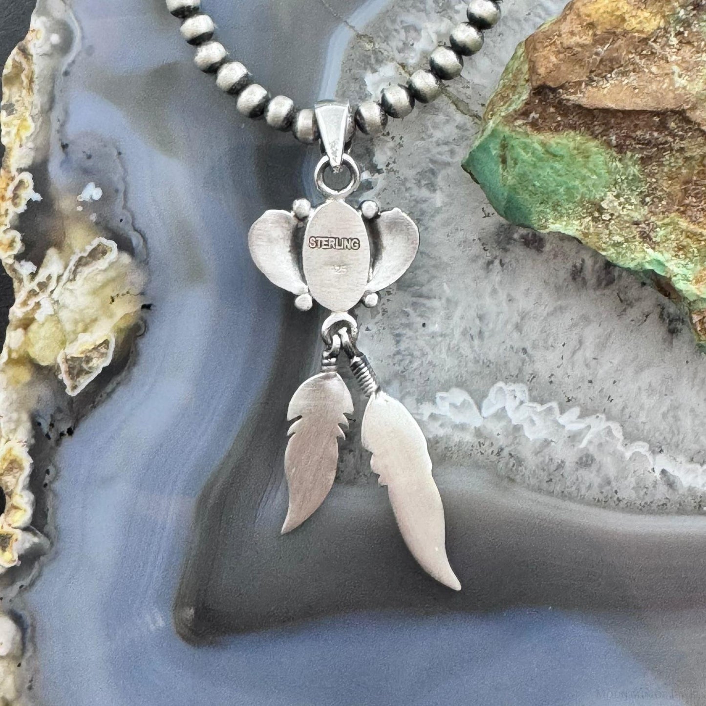 Sterling Silver Southwestern Style White Buffalo Feathers w/Leaves Pendant For Women