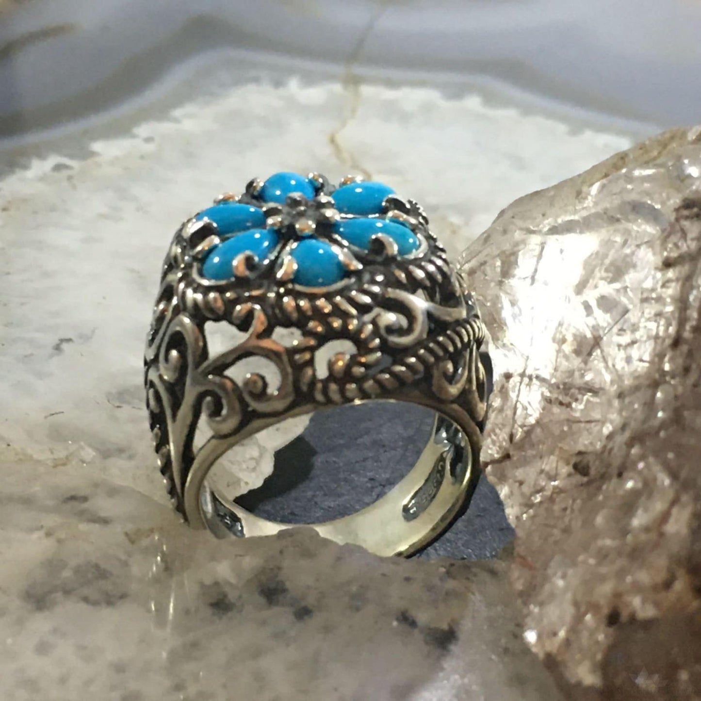 Carolyn Pollack Southwestern Style Sterling Silver 6 Turquoise Flower Ring For Women