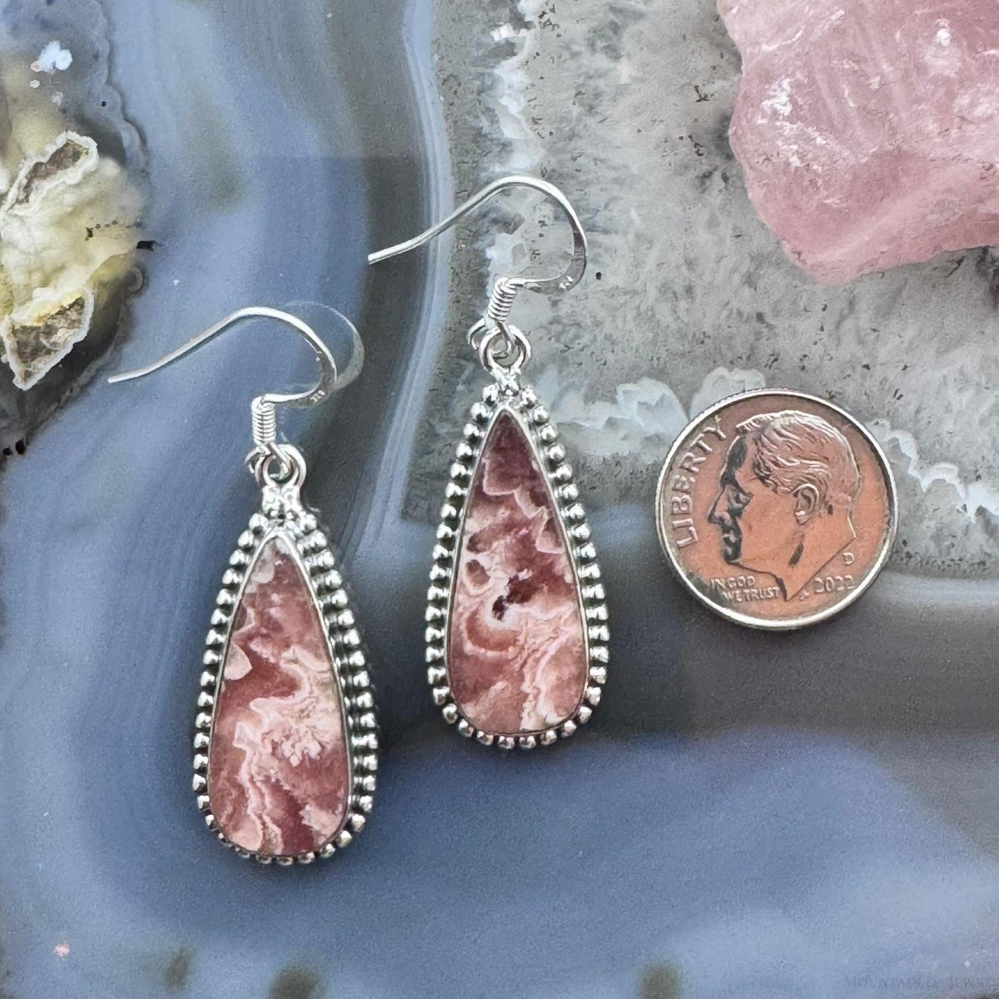 Sterling Southwestern Style Teardrop Rhodochrosite Dangle Earrings For Women