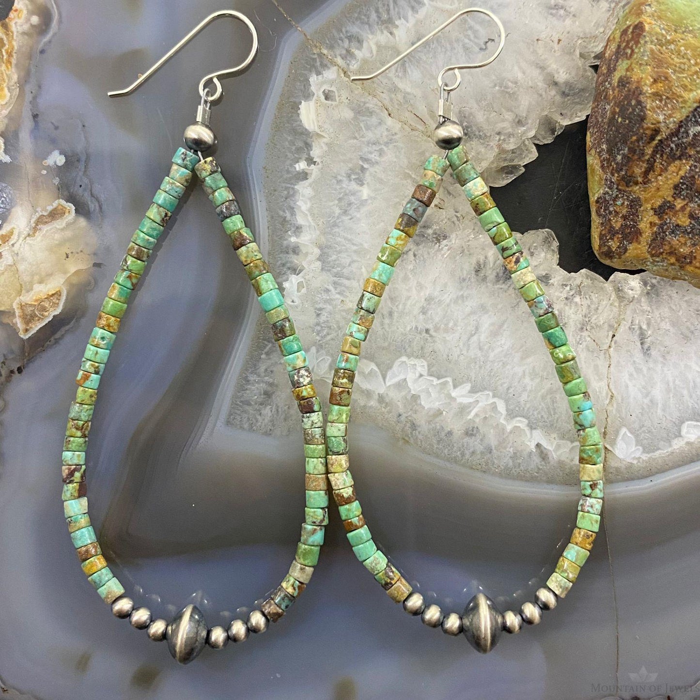 Sterling Silver Green Turquoise Beads & Navajo Pearl Beads Hoop Dangle Earrings