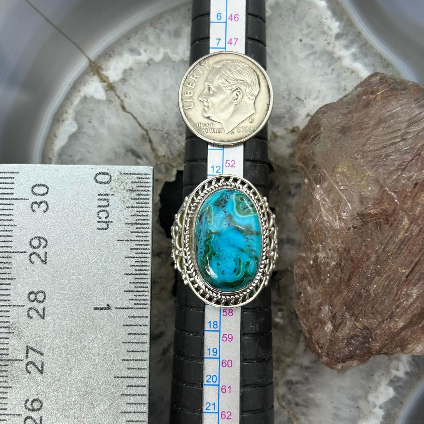 Sterling Silver Southwestern Style Oval Malachite Chrysocolla Ring Size 7.5 For Women