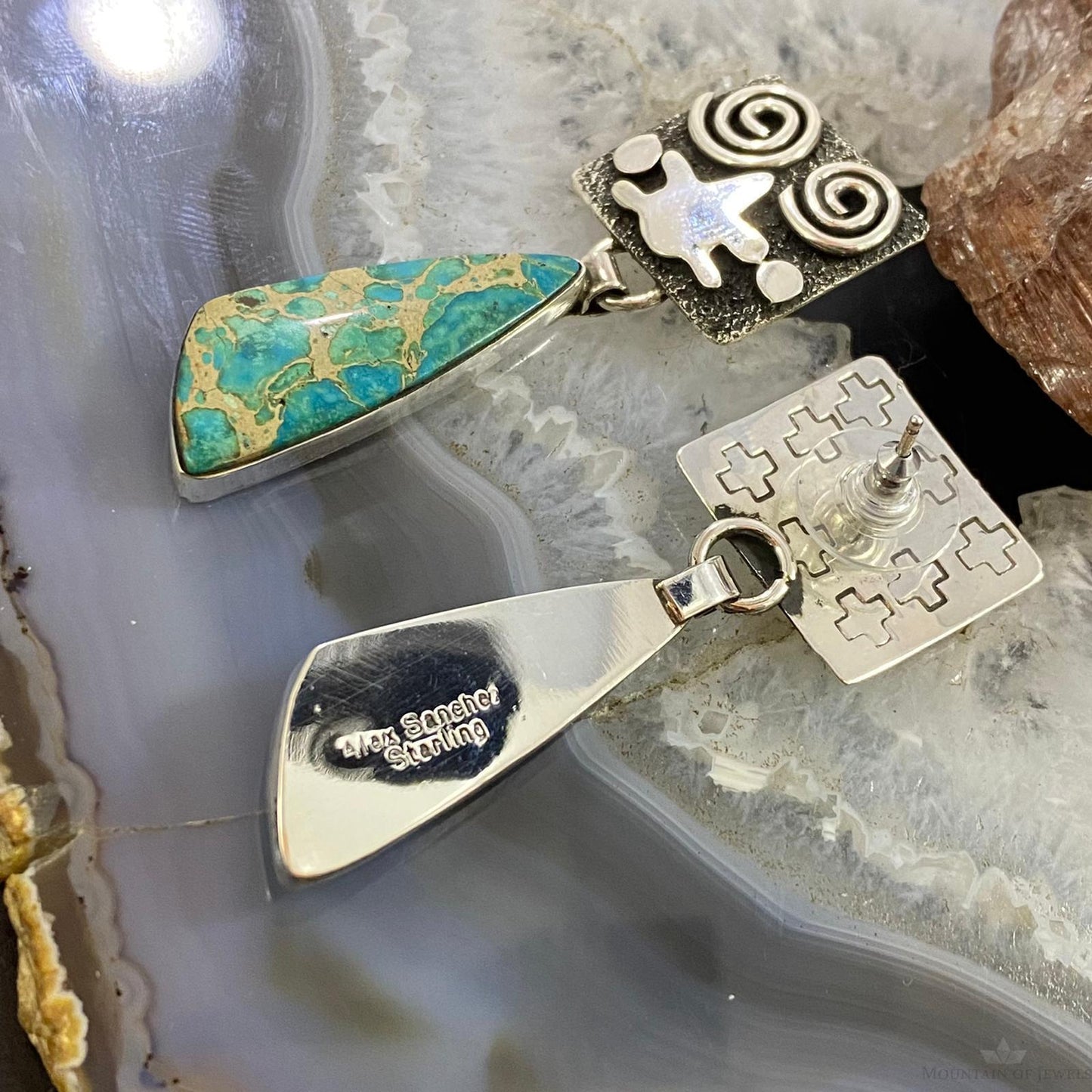 Alex Sanchez Native American Sterling Silver Blue Sediment Petroglyph Dangle Earrings For Women