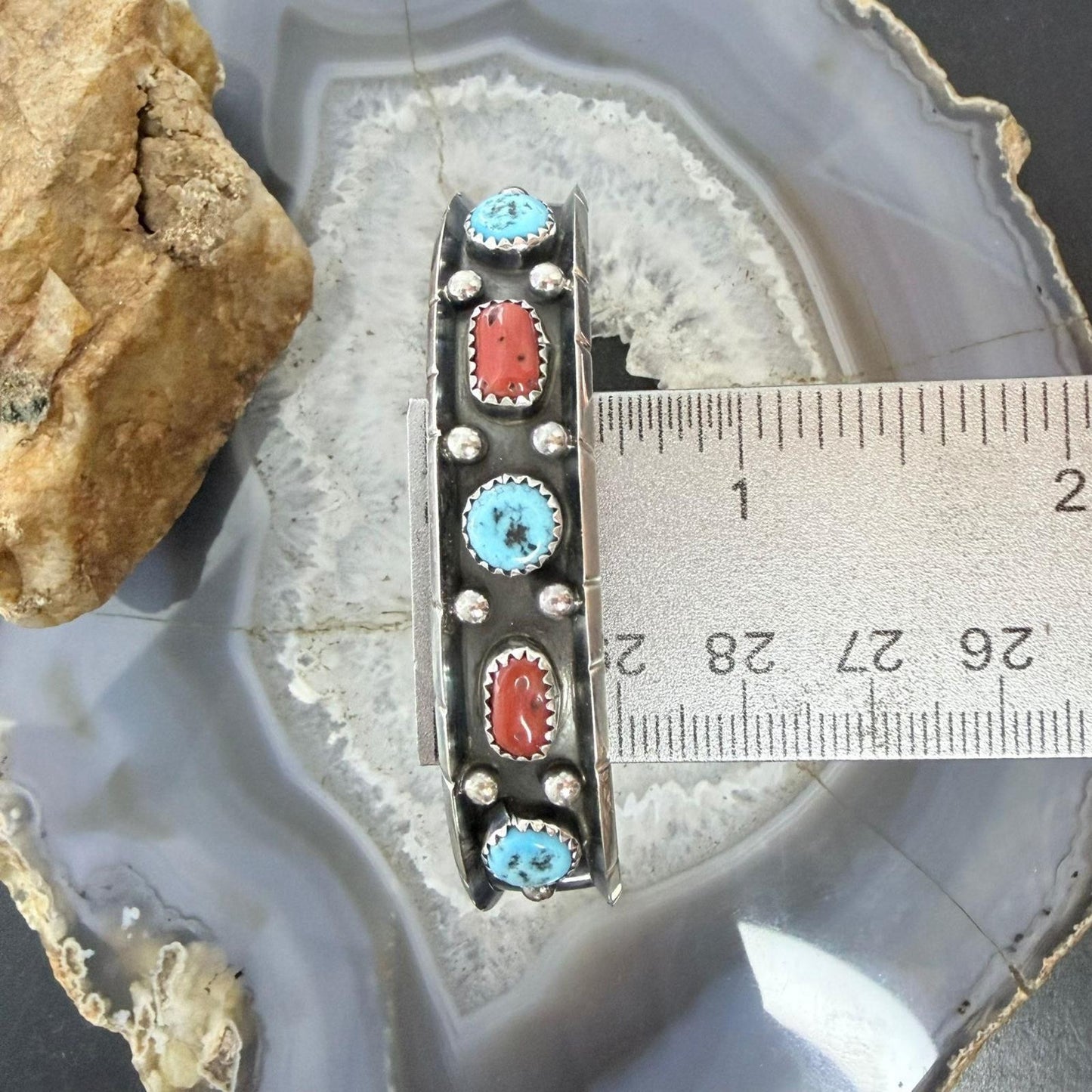 Reed Charley Native American Sterling Silver Turquoise & Coral Row Bracelet For Women