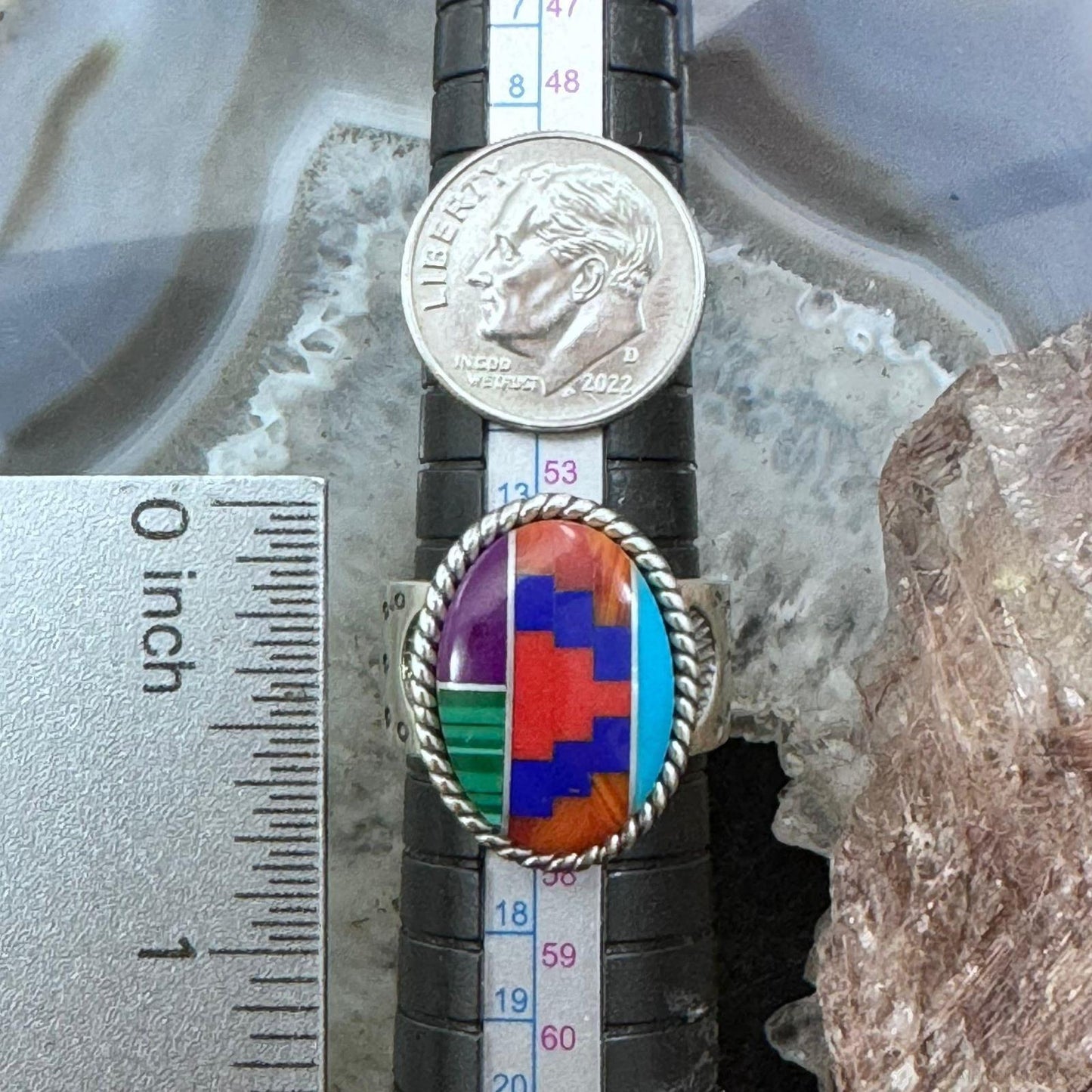 Carolyn Pollack Sterling Silver Oval Multistone Inlay Rug Design Ring Size 7.5 For Women