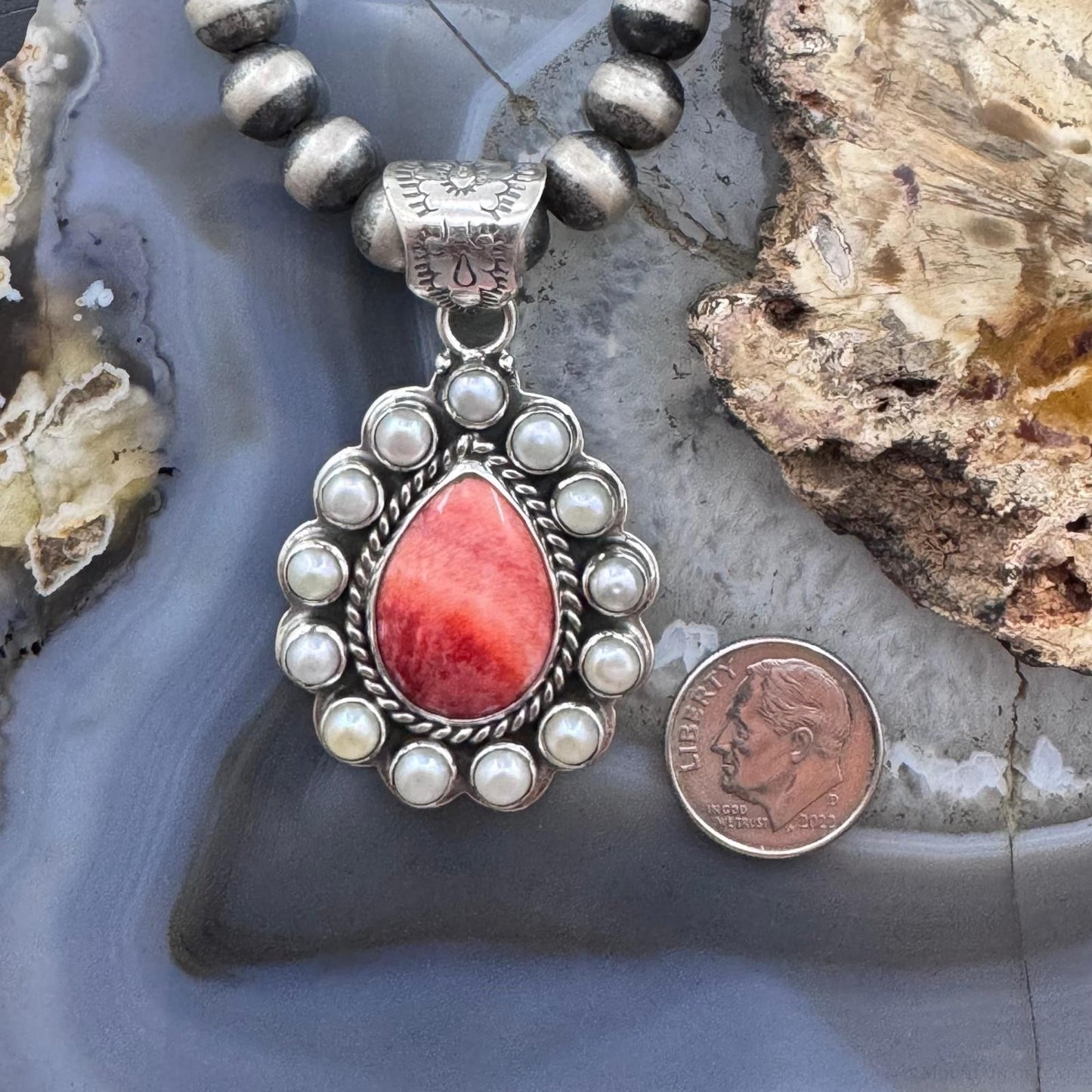 Native American Sterling Silver Teardrop Spiny Oyster w/Pearls Pendant For Women