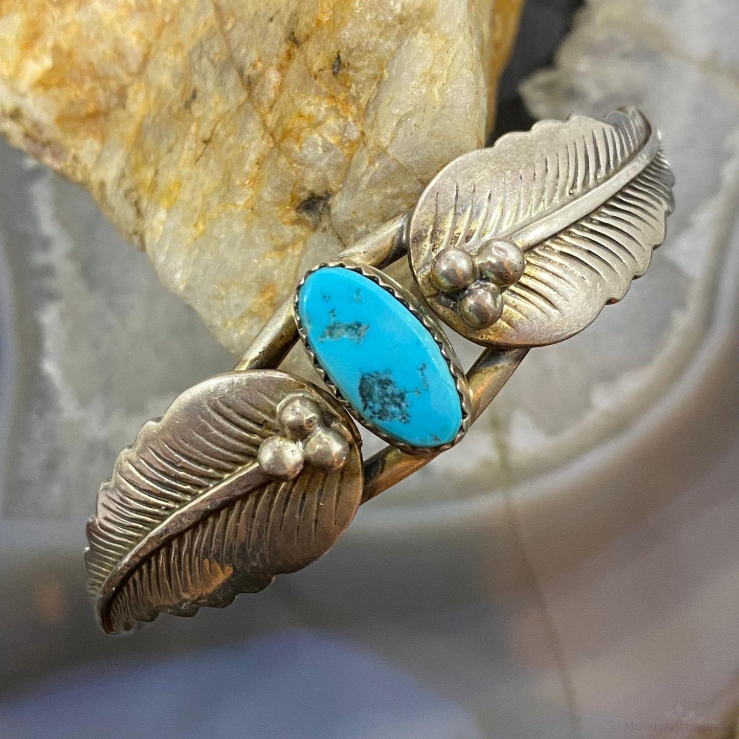 Vintage Native American Silver Oval Turquoise w/2 Feathers Bracelet For Women