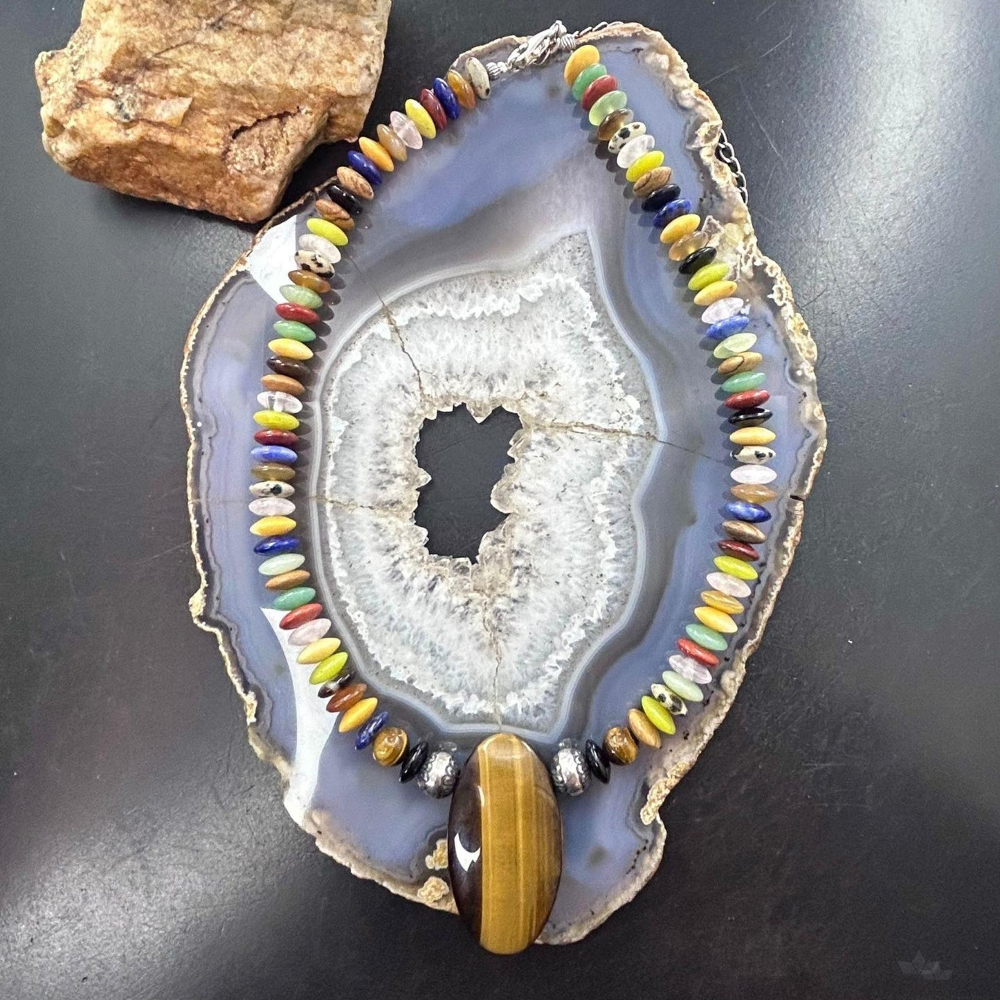 Carolyn Pollack Multi-Gemstone Rondelles Beads w/Large Oval Tiger's Eye Necklace