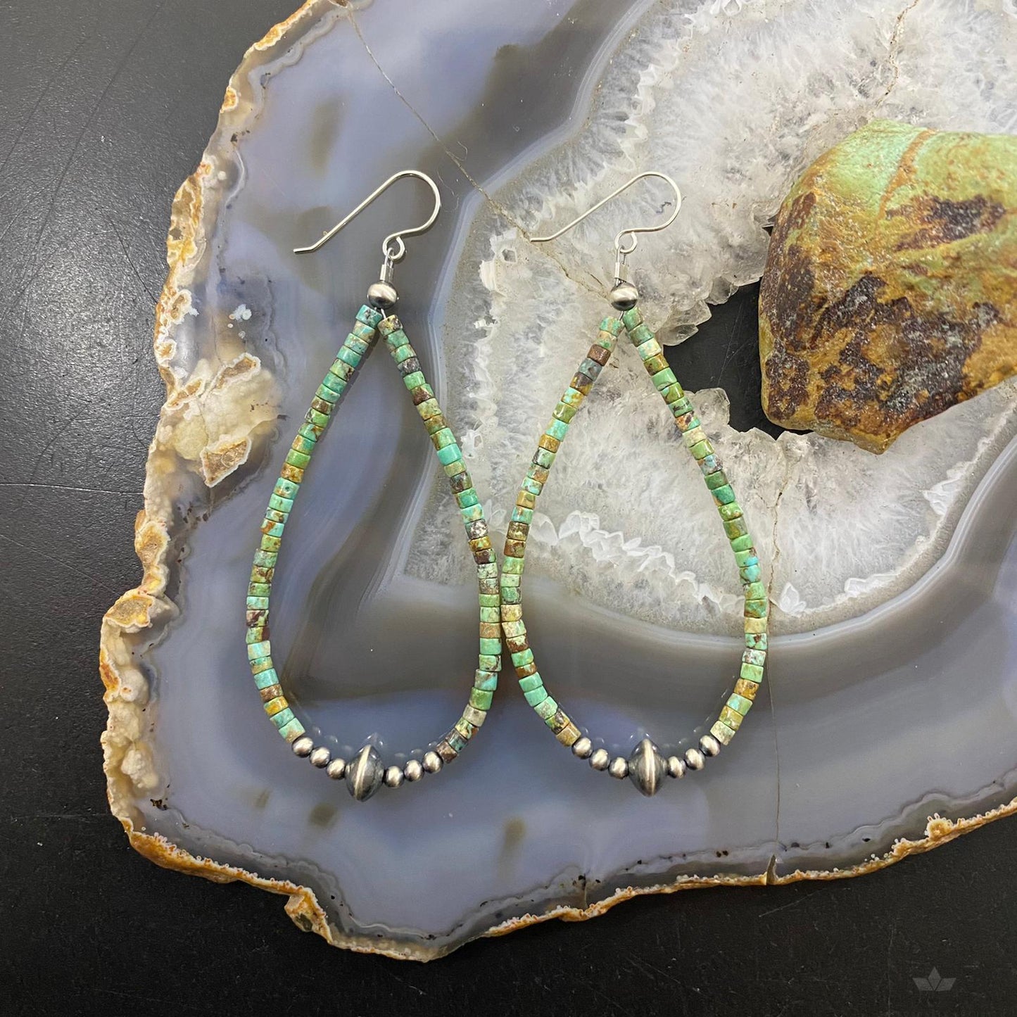 Sterling Silver Green Turquoise Beads & Navajo Pearl Beads Hoop Dangle Earrings