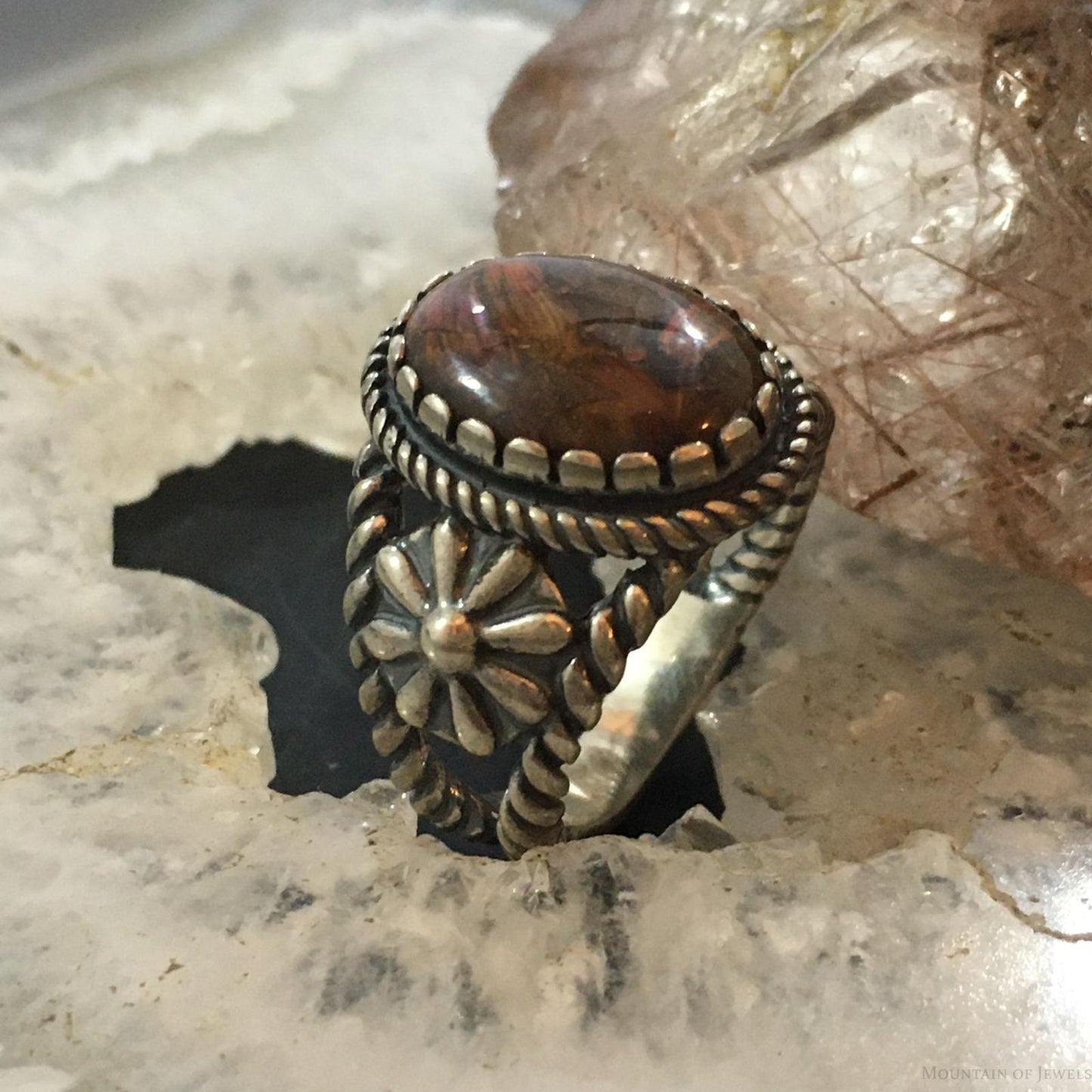 Carolyn Pollack Vintage Southwestern Style Sterling Oval Brown Agate Decorated Ring For Women