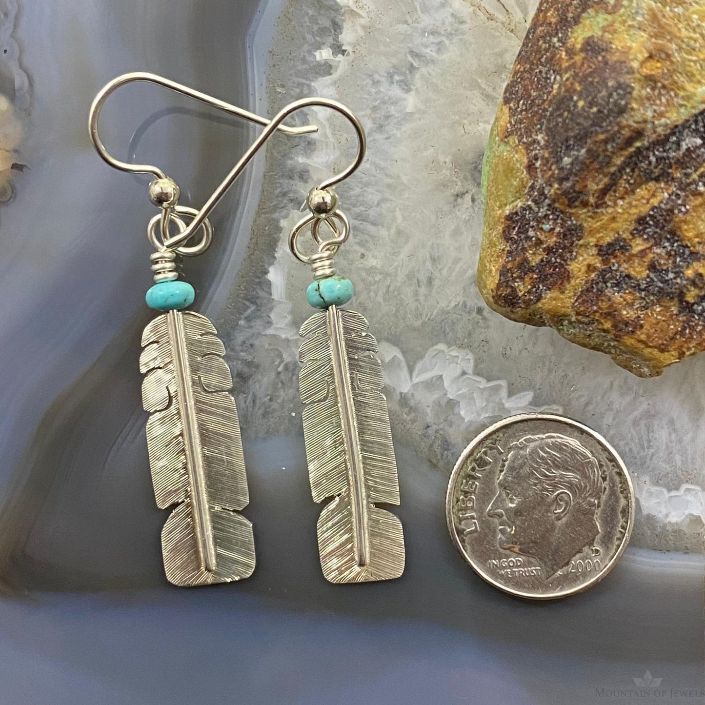 David Kuticka Native American Sterling Silver Feather w/Turq Dangle Earrings #2