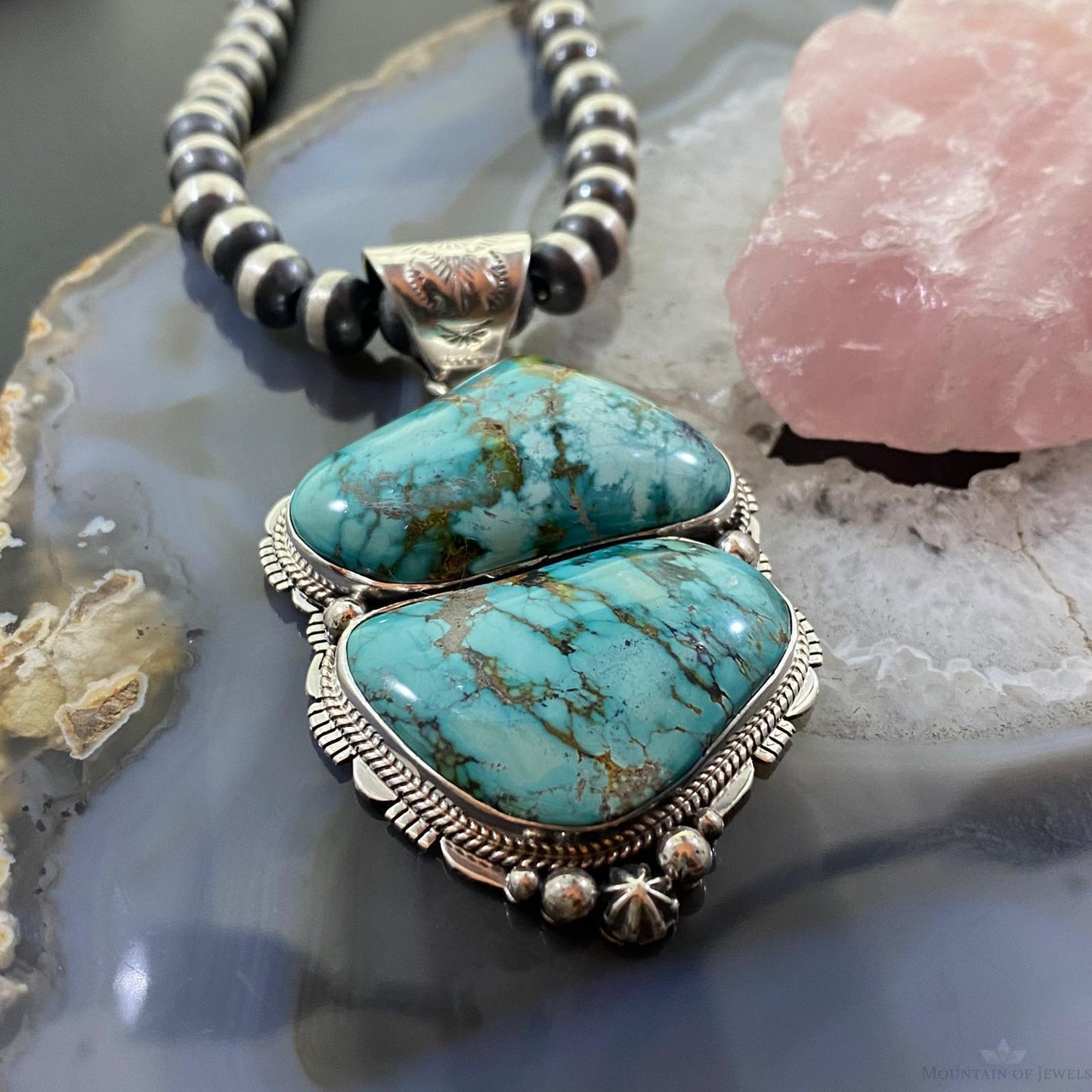 Signed Native American Sterling Silver Chunky Turquoise Unisex Pendant