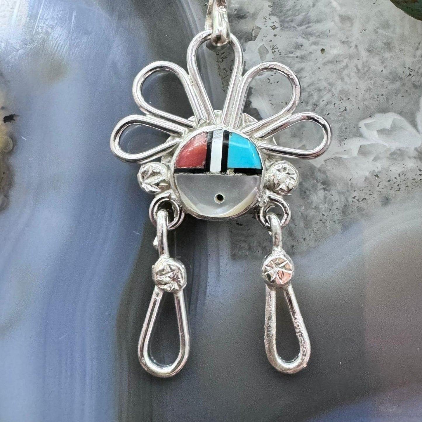 Ola Eriacho Zuni Sterling Silver Multistone Inlay Sunburst Pendant For Women