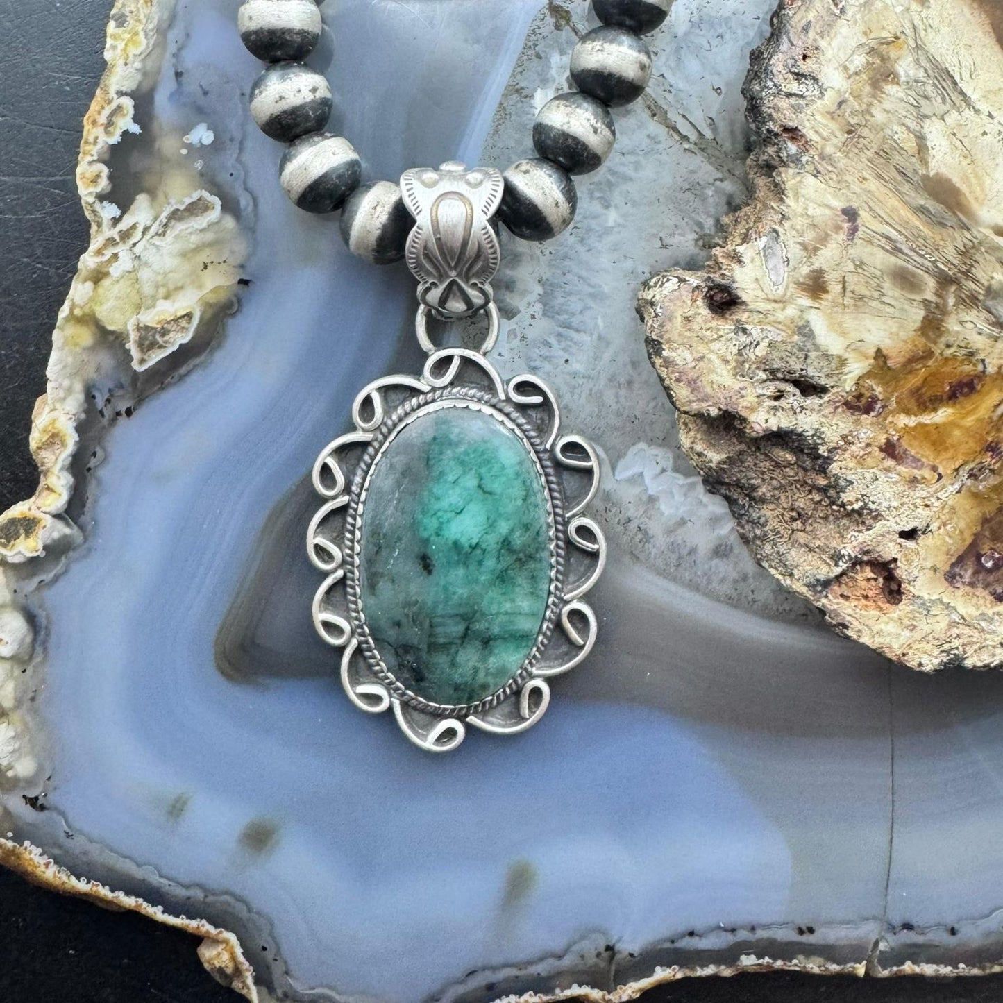 Sterling Silver Southwestern Style Oval Emerald Decorated Pendant For Women