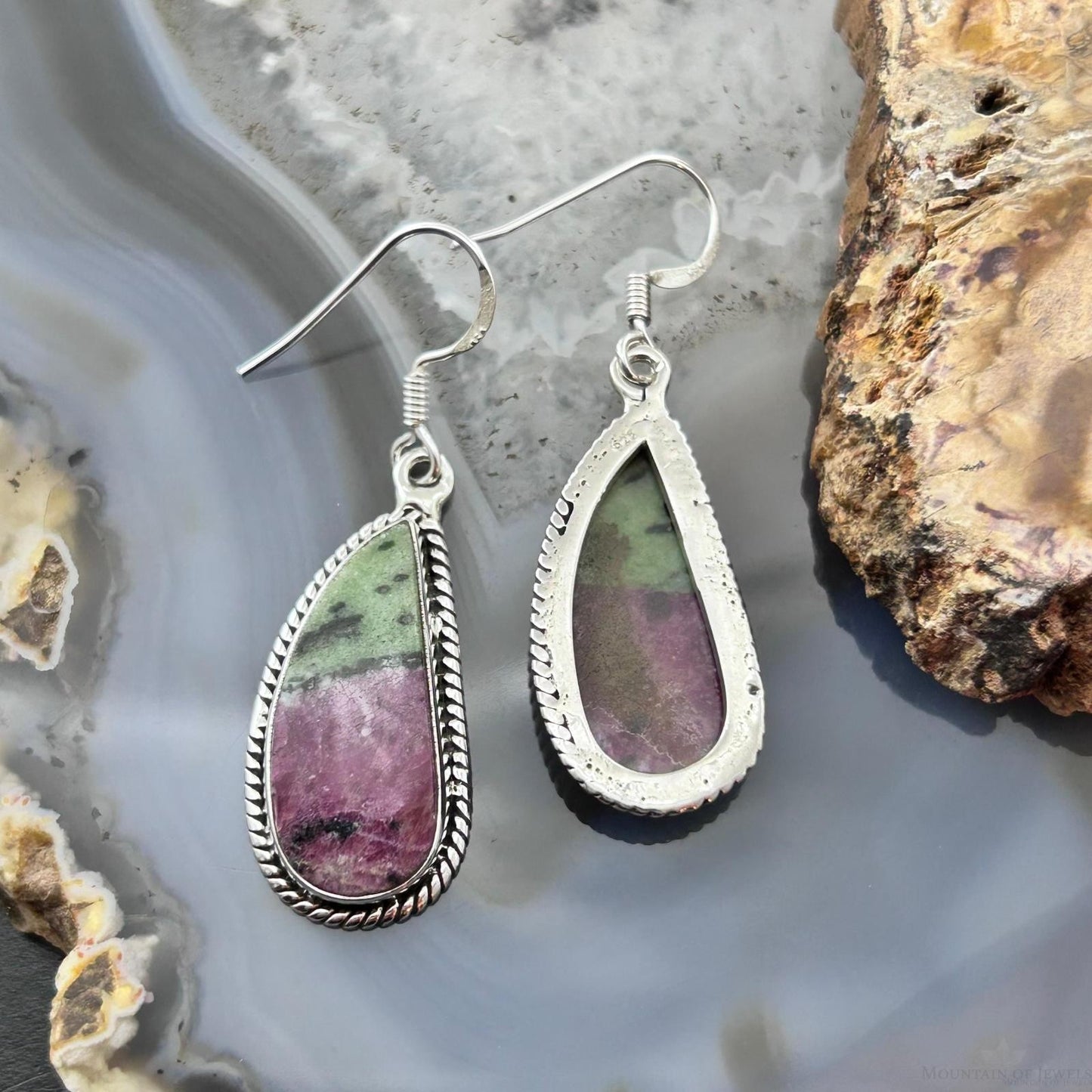 Sterling Silver Southwestern Style Paisley Ruby Zoisite Dangle Earrings For Women