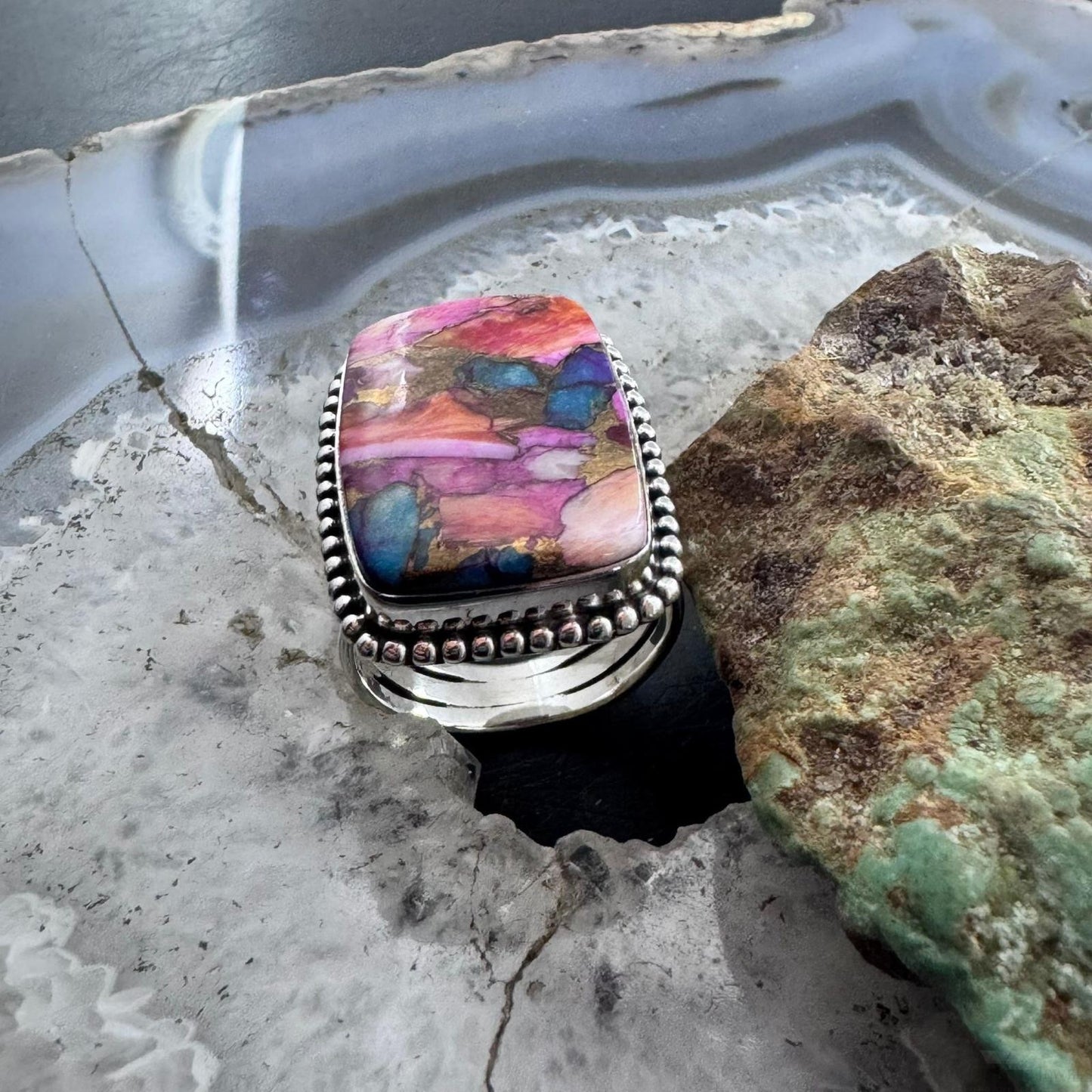 Sterling Silver Southwestern Style Rectangle Mohave Dahlia Ring Size 9.75 For Women