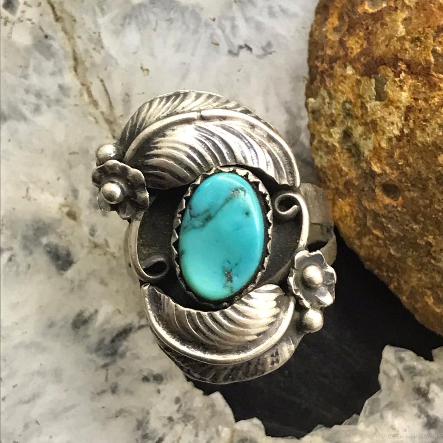 Vintage Signed Native American Silver Turquoise Floral Ring Size 7.5 For Women