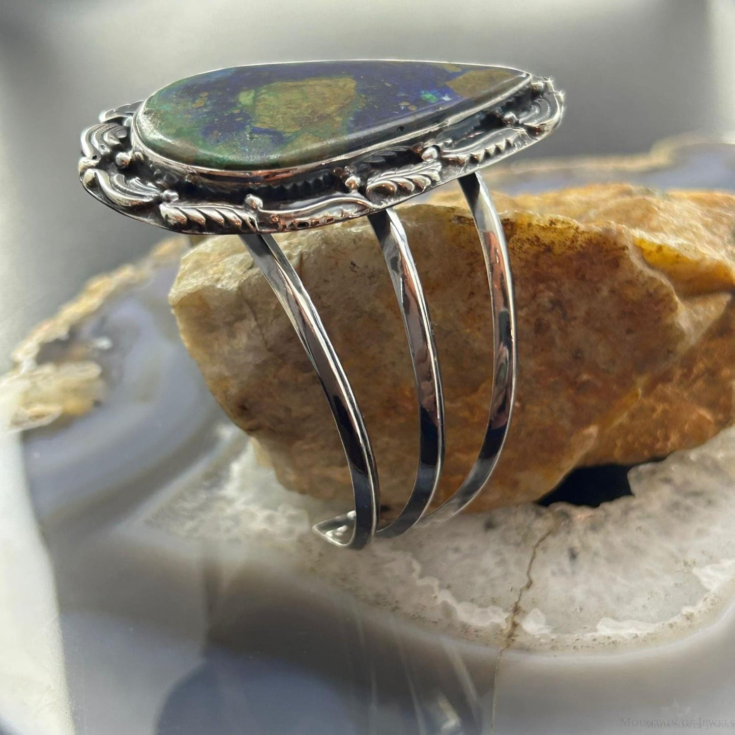 Sterling Silver Southwestern Style Large Teardrop Azurite Malachite Bracelet For Women