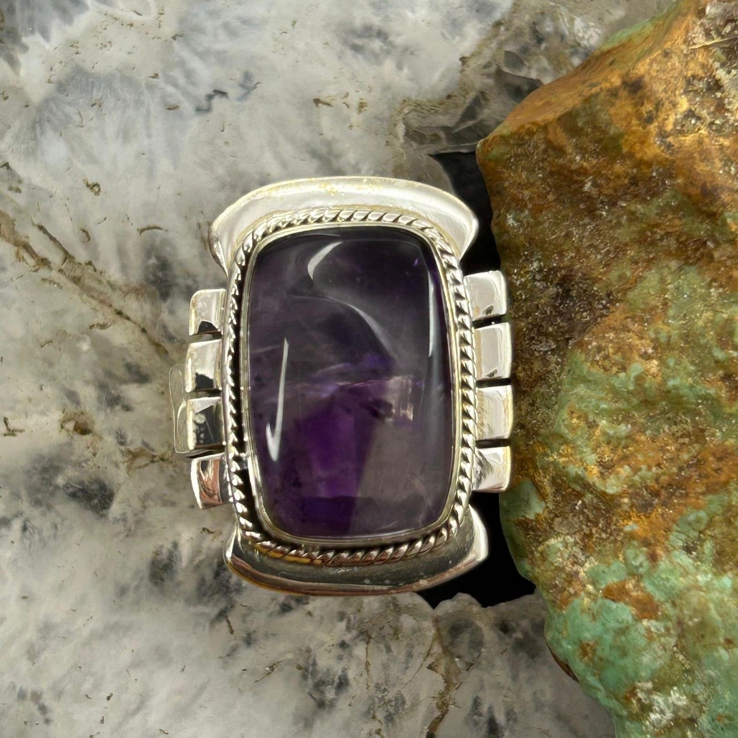 Sterling Silver Southwestern Style Star Amethyst Bar Ring Size 9 For Women