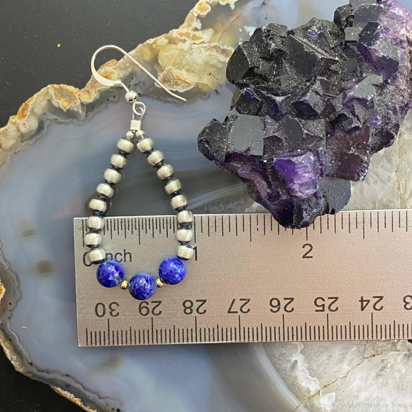 Navajo Pearl Bead & Lapis Bead Dangle Hoop Earrings For Women